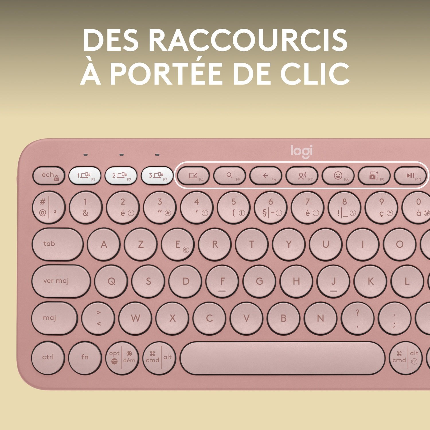 Gros plan sur un clavier rose. Les étiquettes montrent les touches et les fonctions. Fond rose.