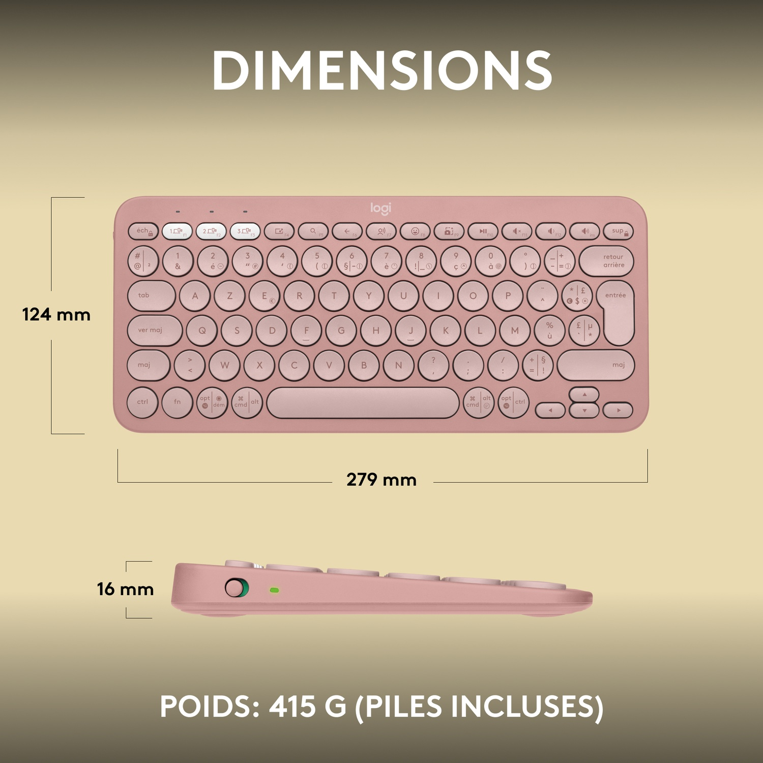 Un clavier rose avec des dimensions et des informations de poids. Le clavier est sur le côté.