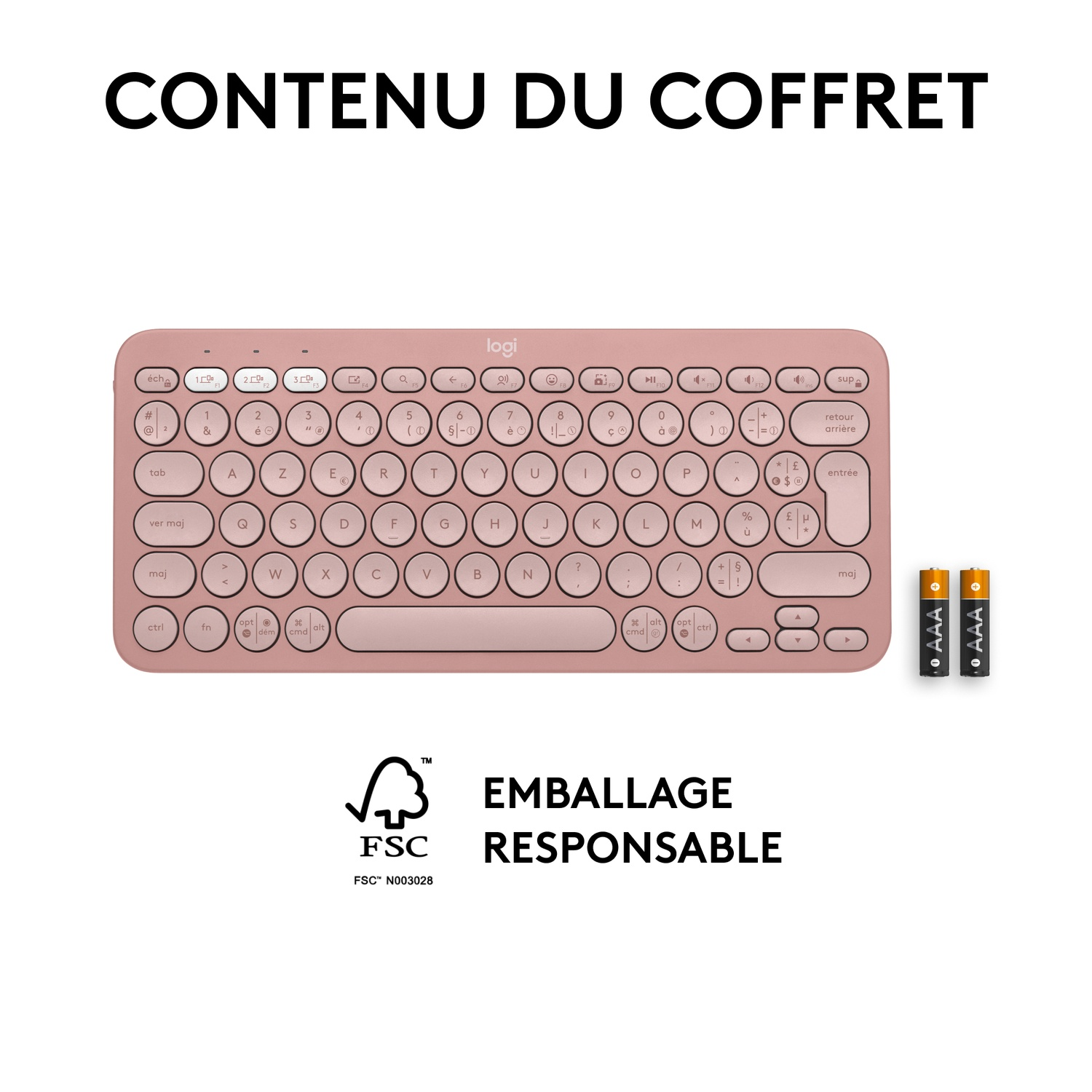 Un clavier rose avec un fond blanc et deux piles à droite.
