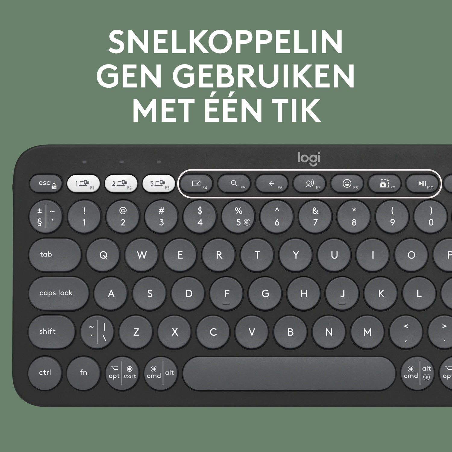 A keyboard with a simple design and text in Dutch, viewed from above.