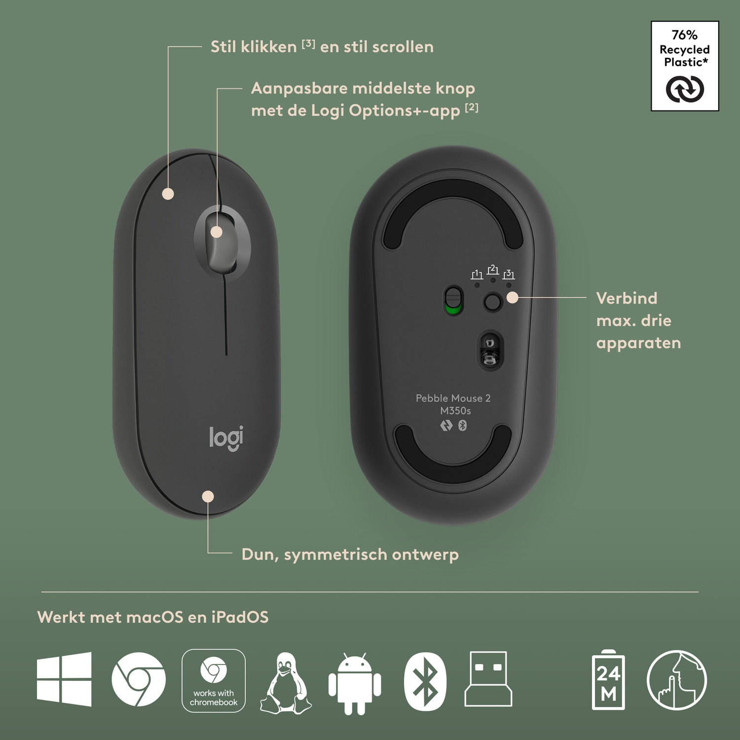 A Logitech Pebble Mouse 2, showing top and bottom views, on a green surface.