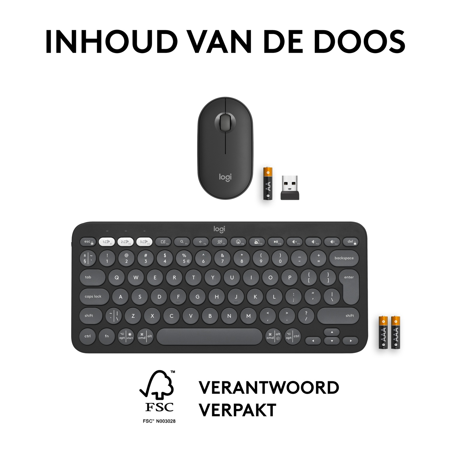 Black keyboard, mouse, and batteries. White background. FSC logo and responsible packaging.