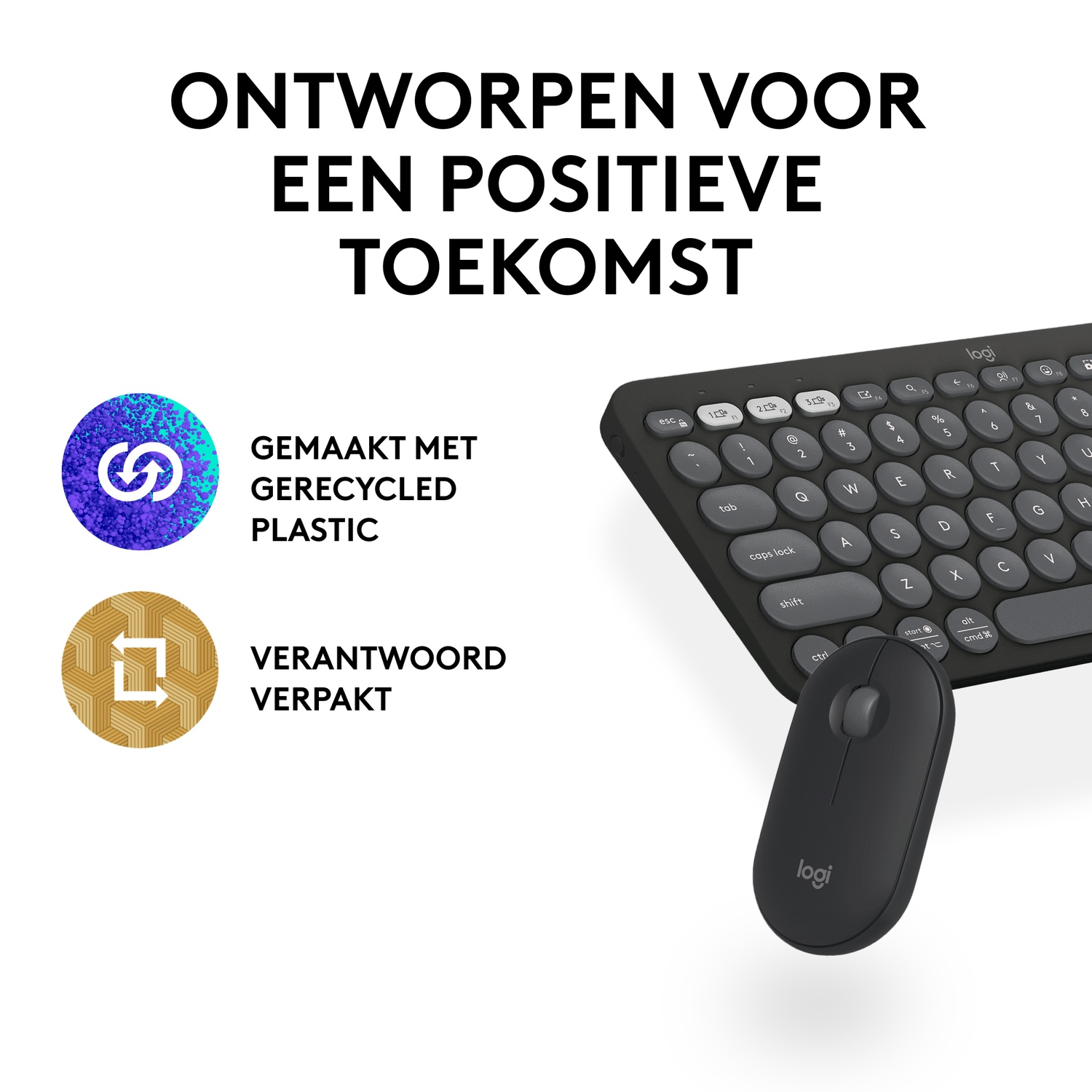 Black keyboard and mouse. Text: Designed for a positive future. Made with recycled plastic.