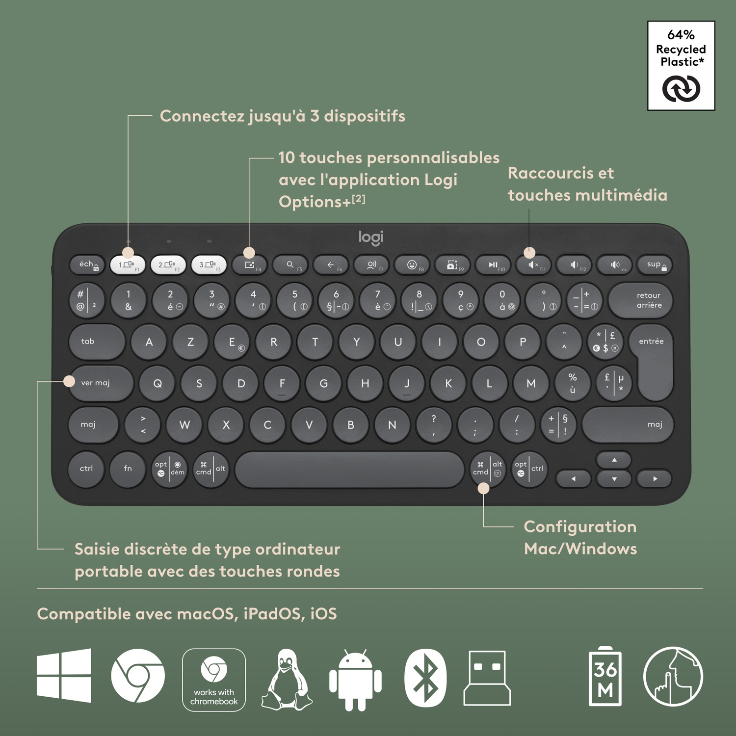 Clavier noir avec étiquettes de fonctions. Montre 64% de plastique recyclé. Noir et gris.