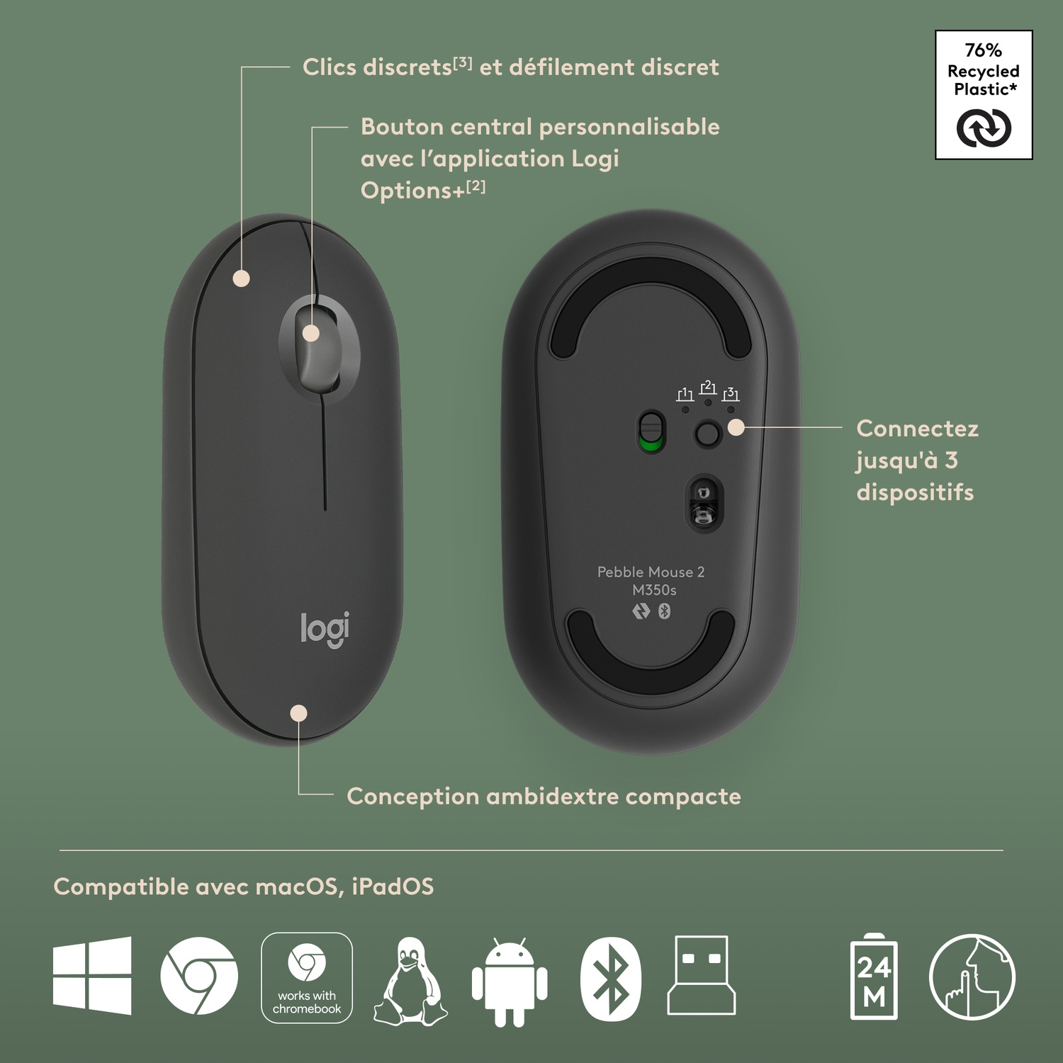 Souris noire avec un logo et diverses étiquettes. La souris est montrée d'en haut et d'en bas.