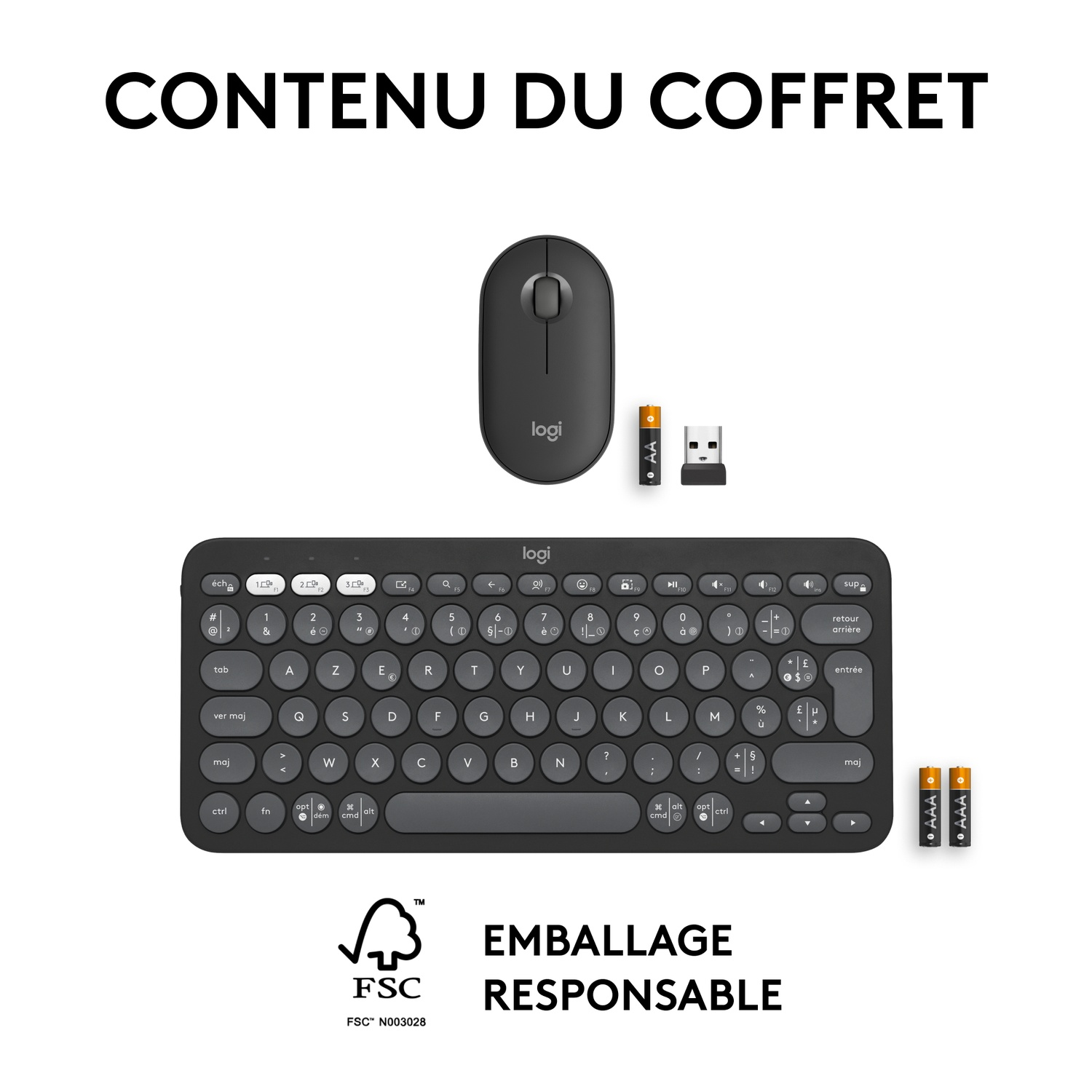 Une souris Logitech noire, un clavier, un récepteur USB et des piles, avec texte sur l'emballage.