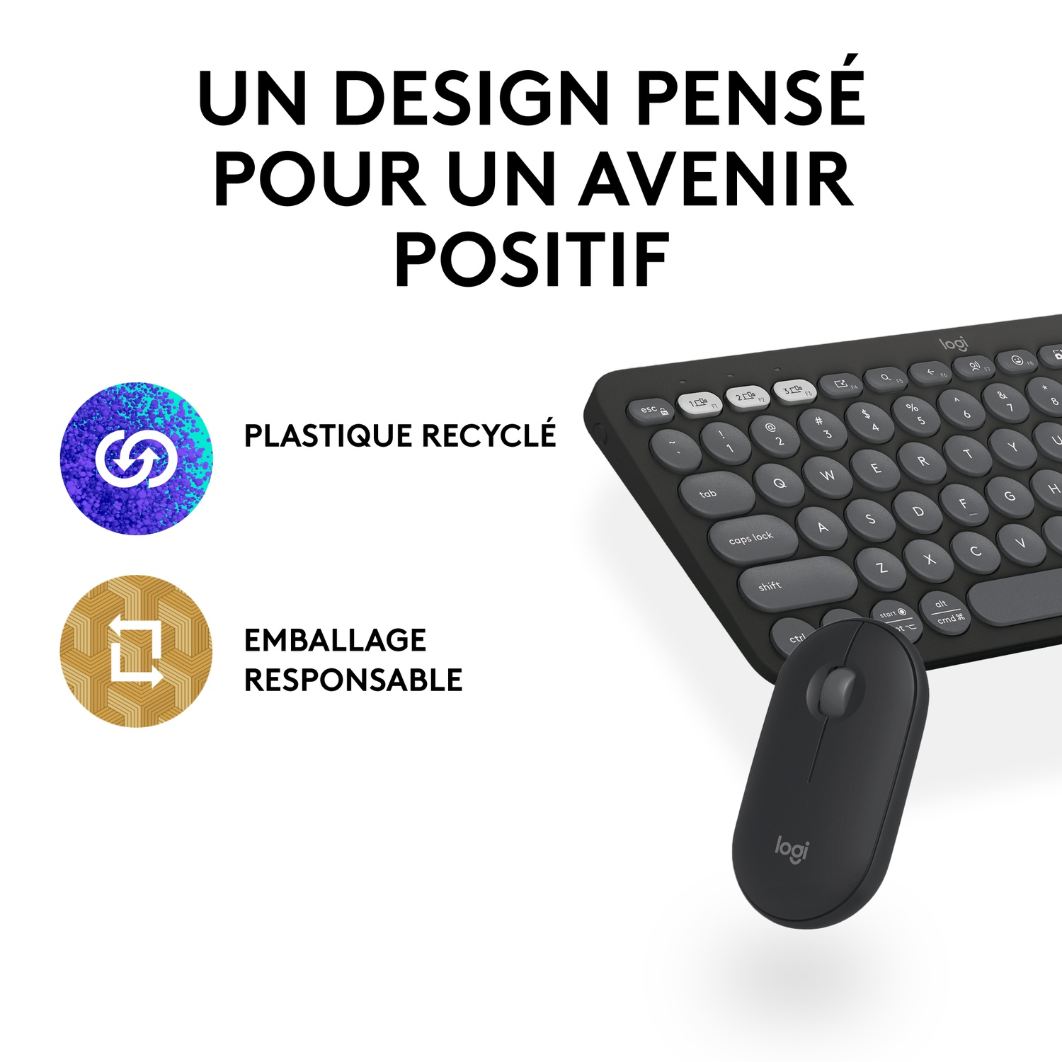 Souris blanche et clavier noir sur surface en bois. Icônes pour recyclage et emballage responsable.