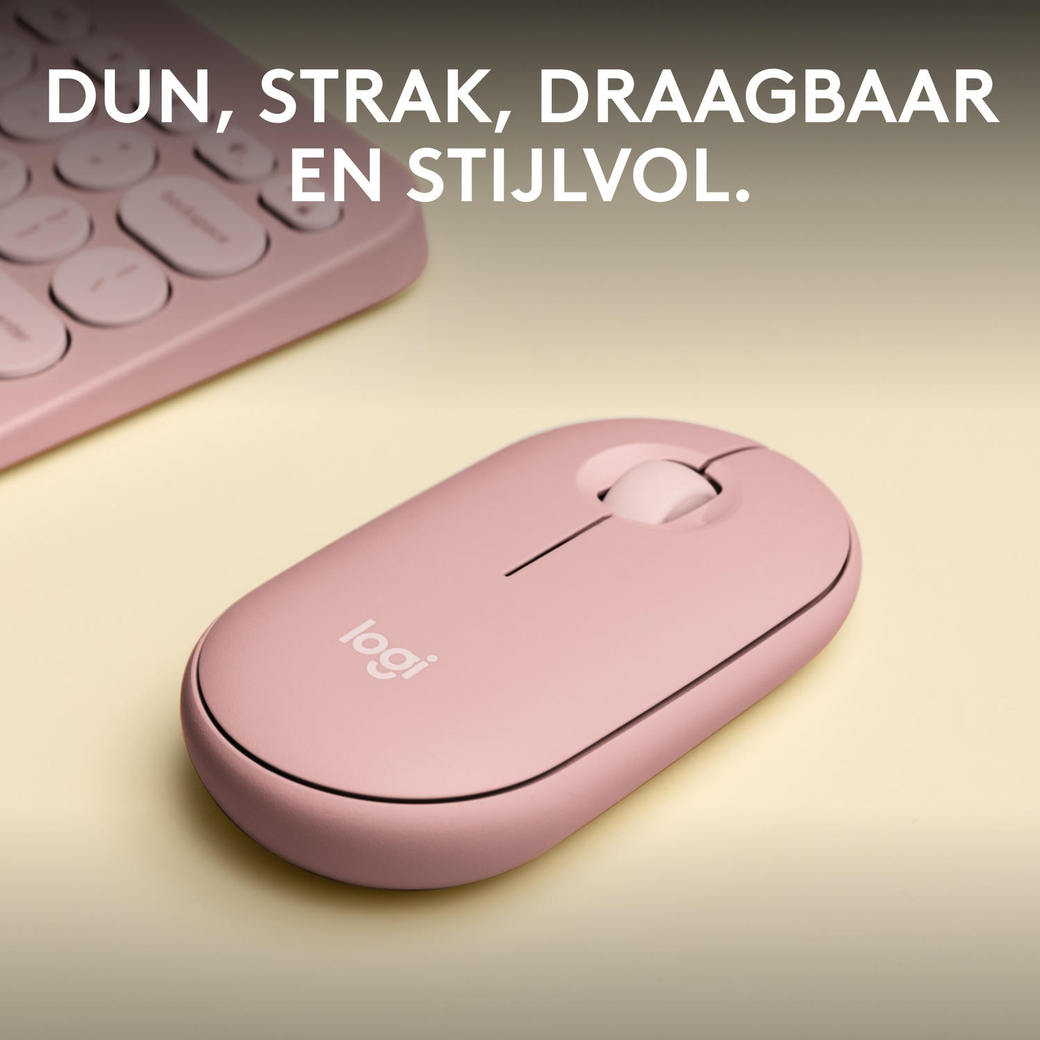 A pink Logitech mouse and keyboard on a yellow background. Text says "Thin, sleek, portable and stylish".