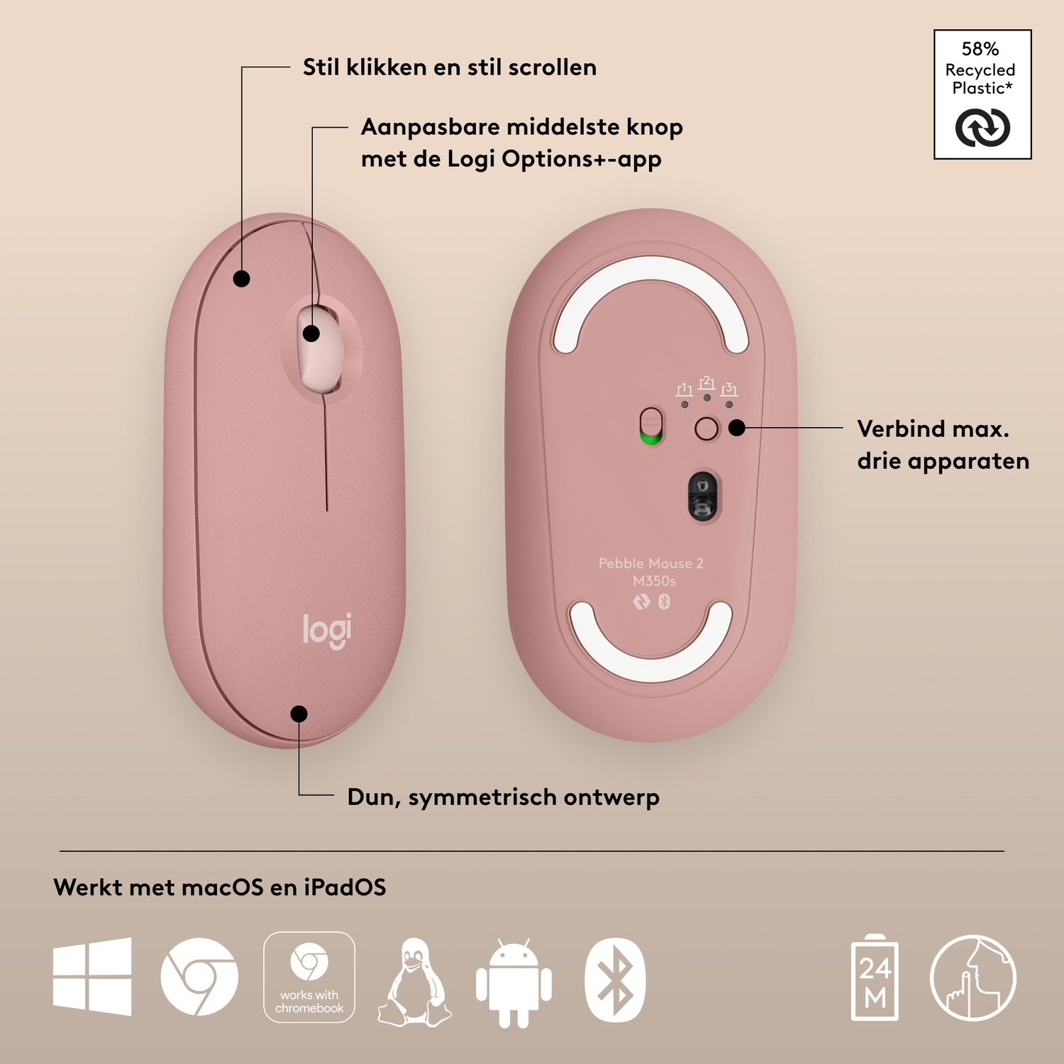 A pink computer mouse showing top and bottom views, with text labels.