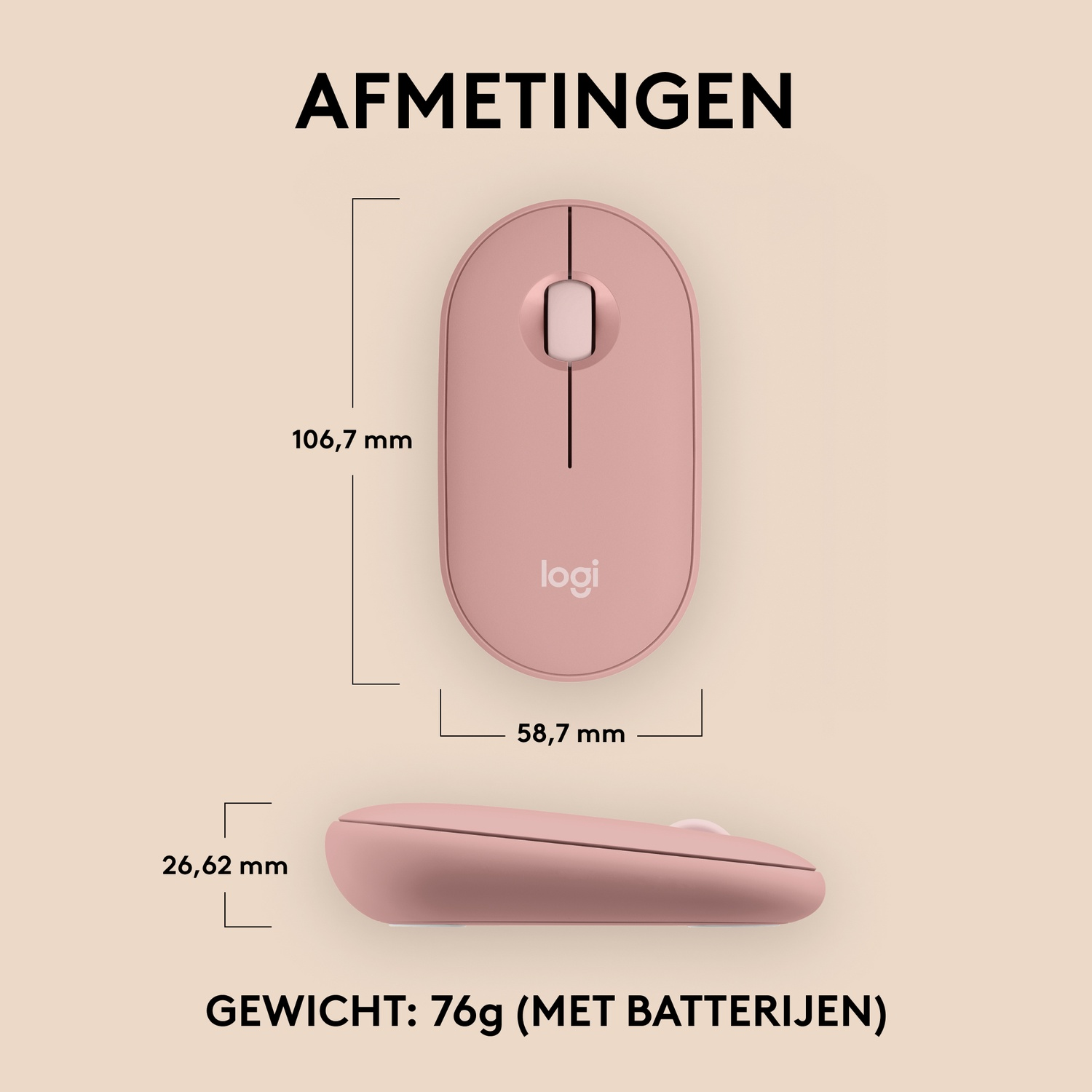 Pink logi mouse showing dimensions and weight information.