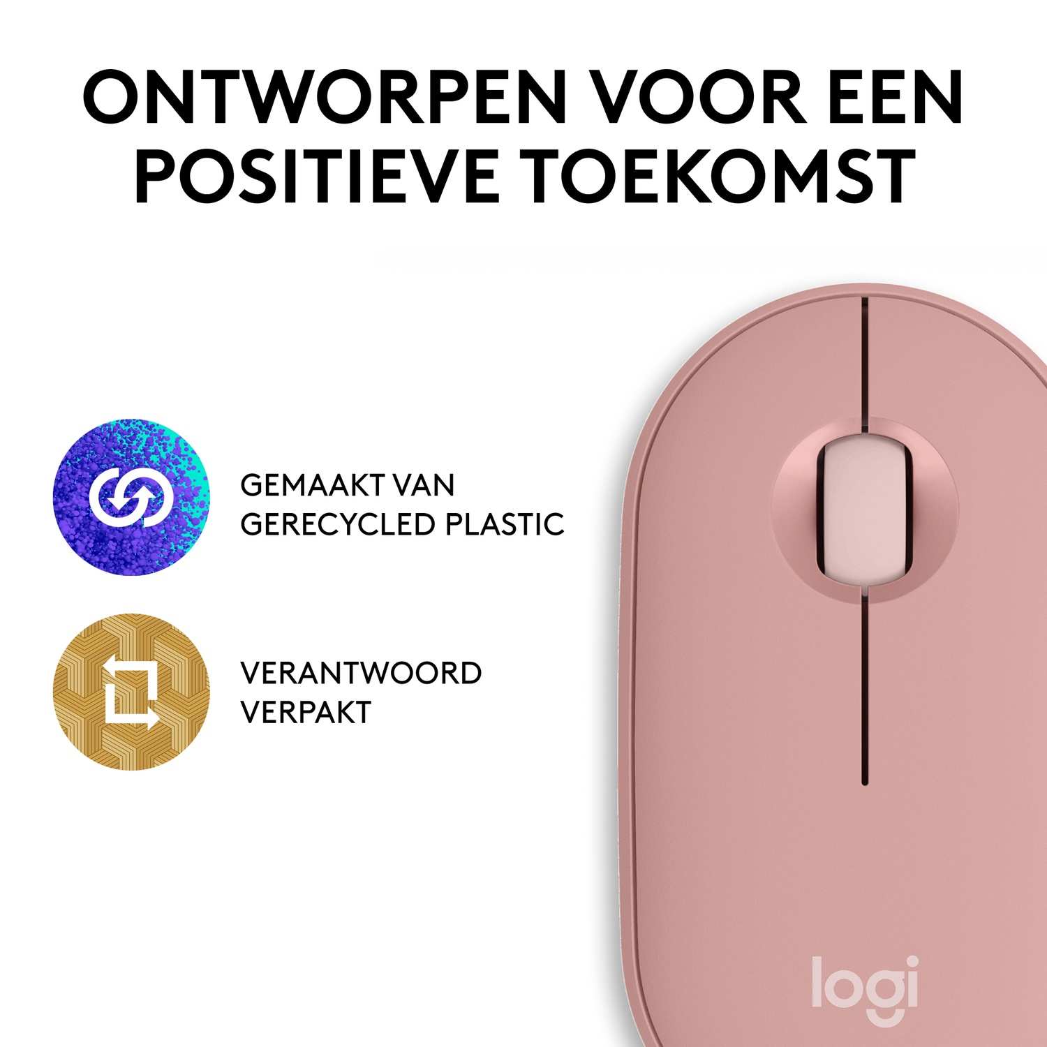 A pink Logitech mouse with text and icons. The mouse is on a white surface.
