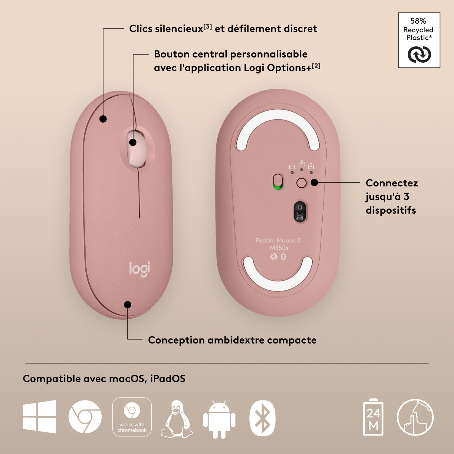 Souris d'ordinateur rose, vue de dessus et de dessous, avec étiquettes, fond blanc.