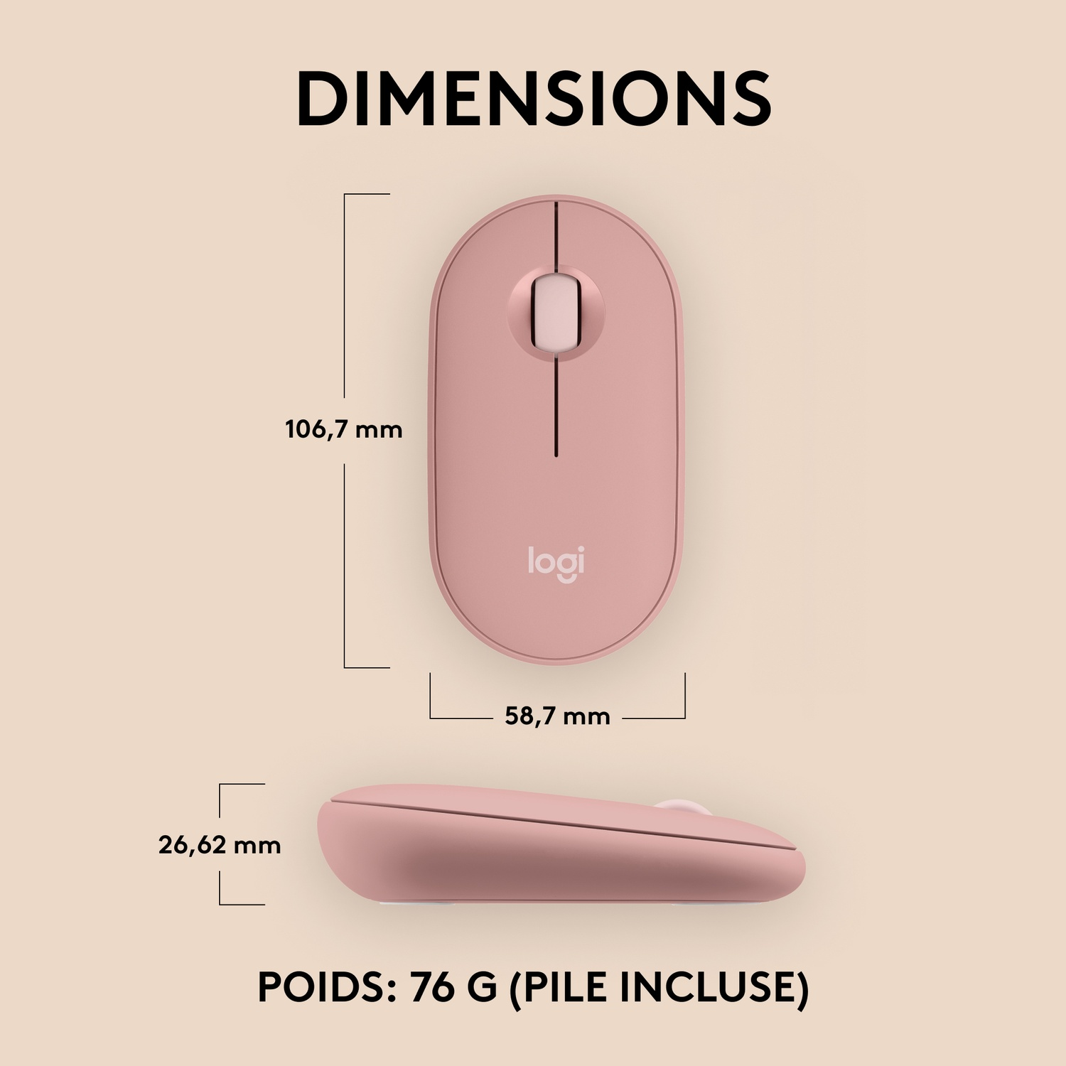Souris Logitech rose avec mesures. Une vue de dessus et une vue latérale.