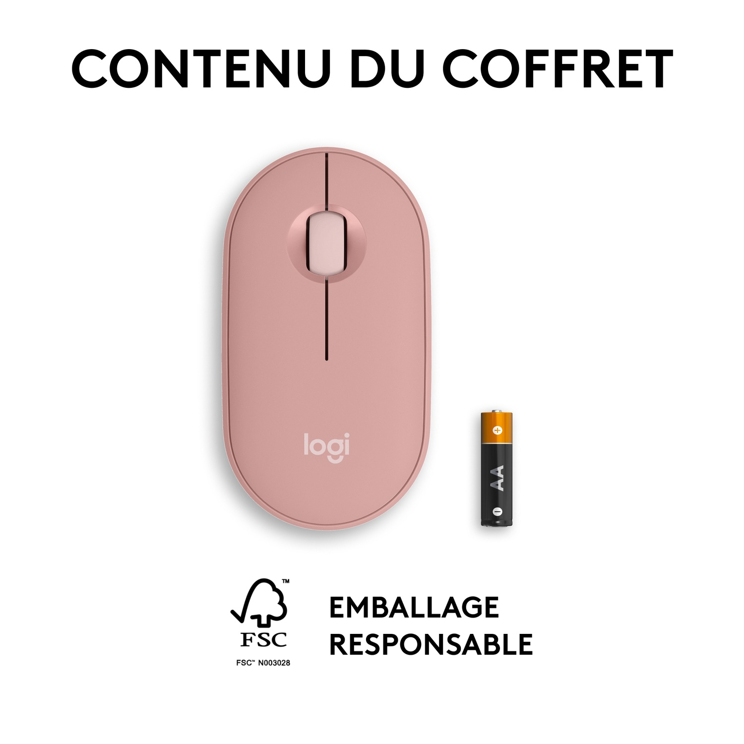 Une souris Logi rose avec une pile. Texte : 'CONTENU DU COFFRET' et 'EMBALLAGE RESPONSABLE'.