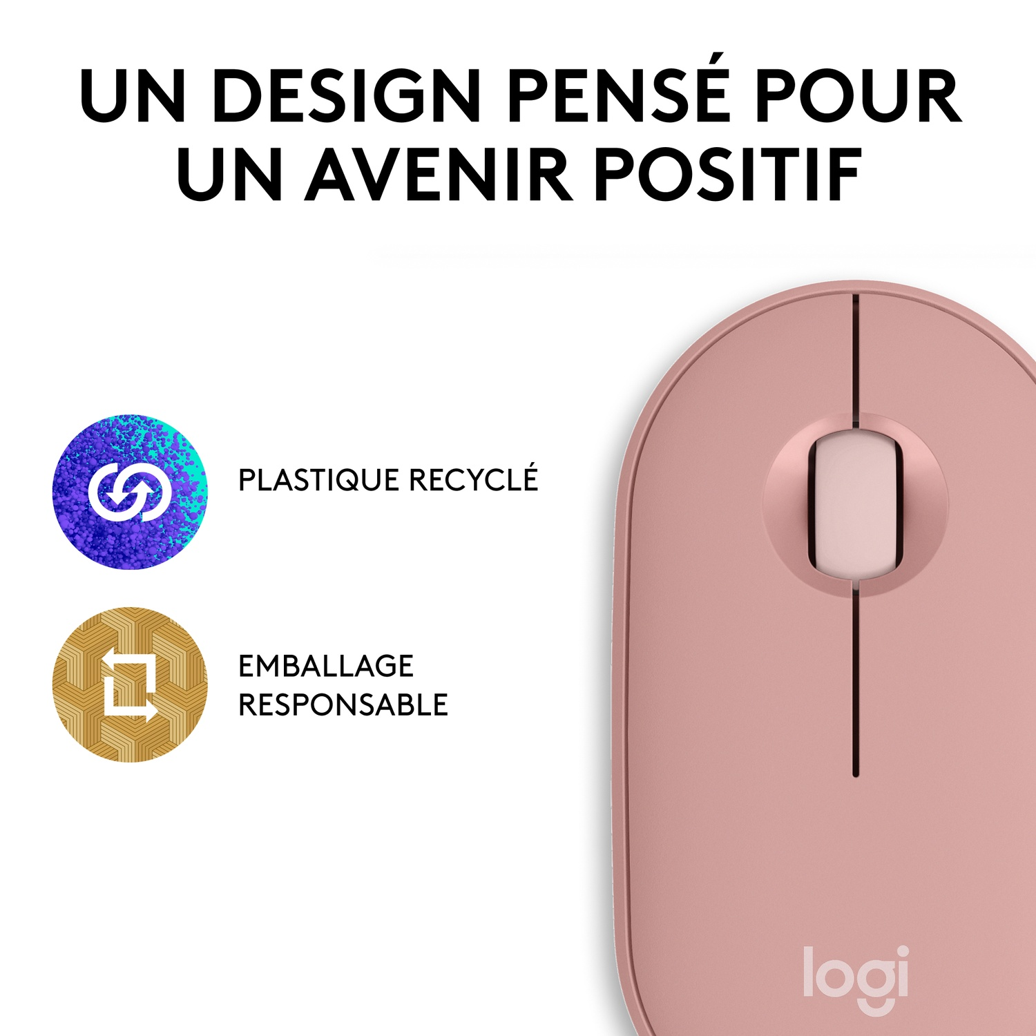 Souris d'ordinateur rose avec texte à gauche sur le plastique recyclé et l'emballage responsable.
