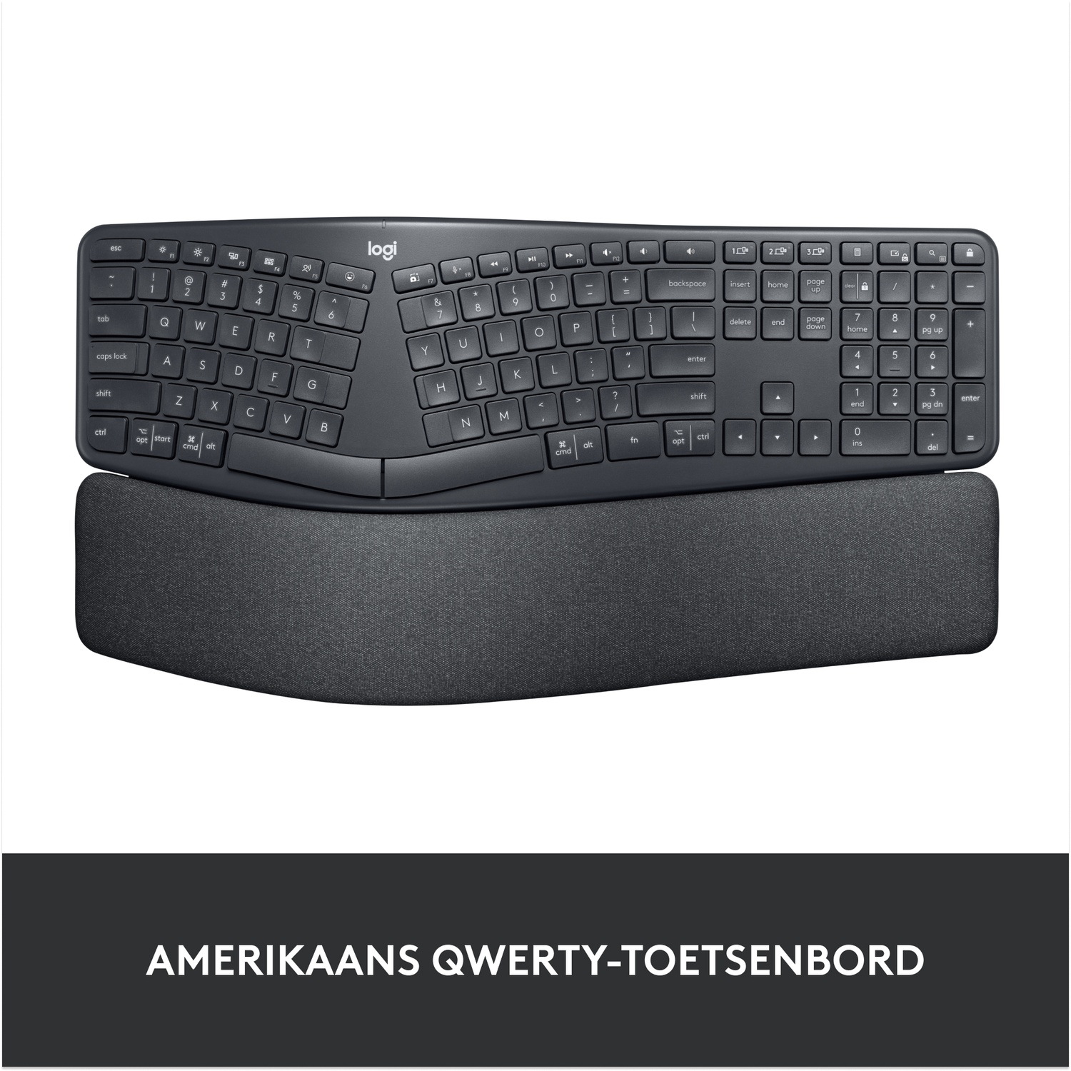 Black ergonomic keyboard with a wrist rest.  QWERTY layout.