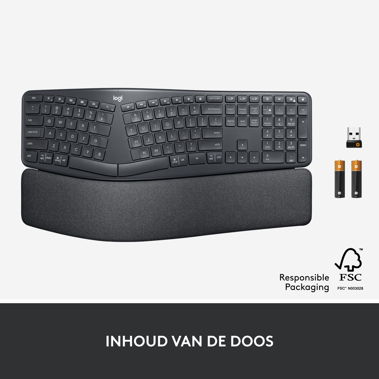 A dark gray keyboard with a wrist rest, batteries, and a USB receiver are shown.