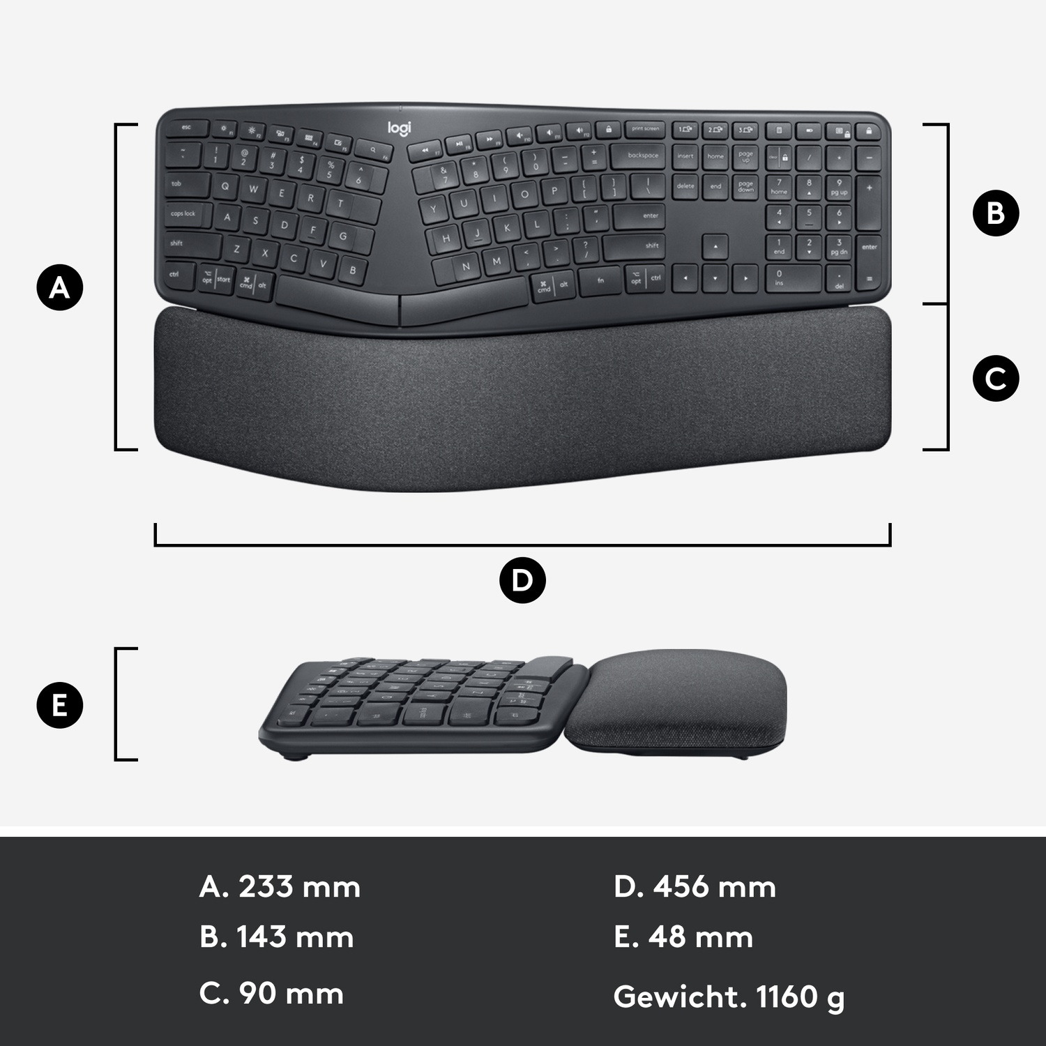 Keyboard with dimensions in mm and weight in g.
