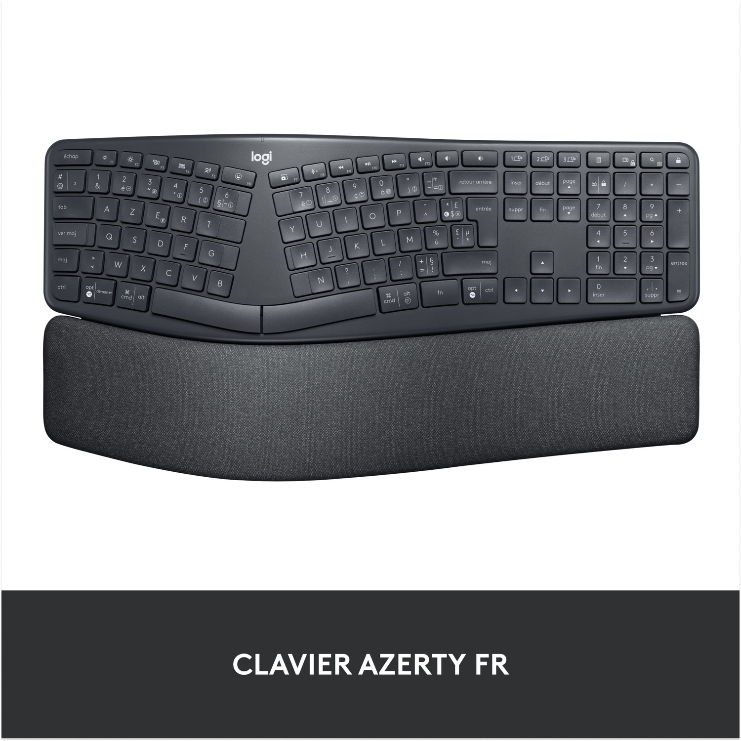 Clavier ergonomique noir avec repose-poignets. Il est incurvé et possède une disposition AZERTY standard.
