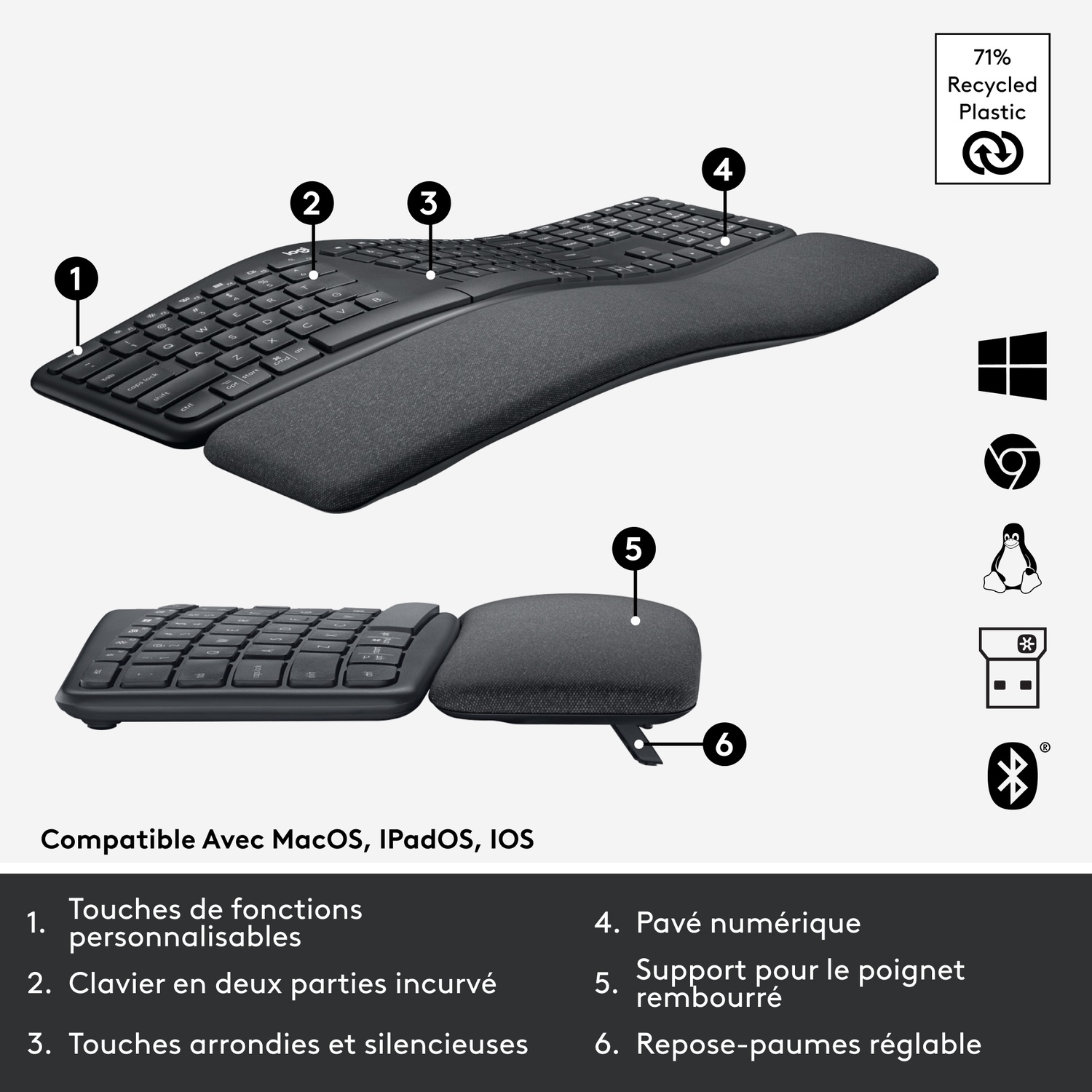 Clavier incurvé avec repose-poignets. Affichage des touches numériques et fonctionnelles.