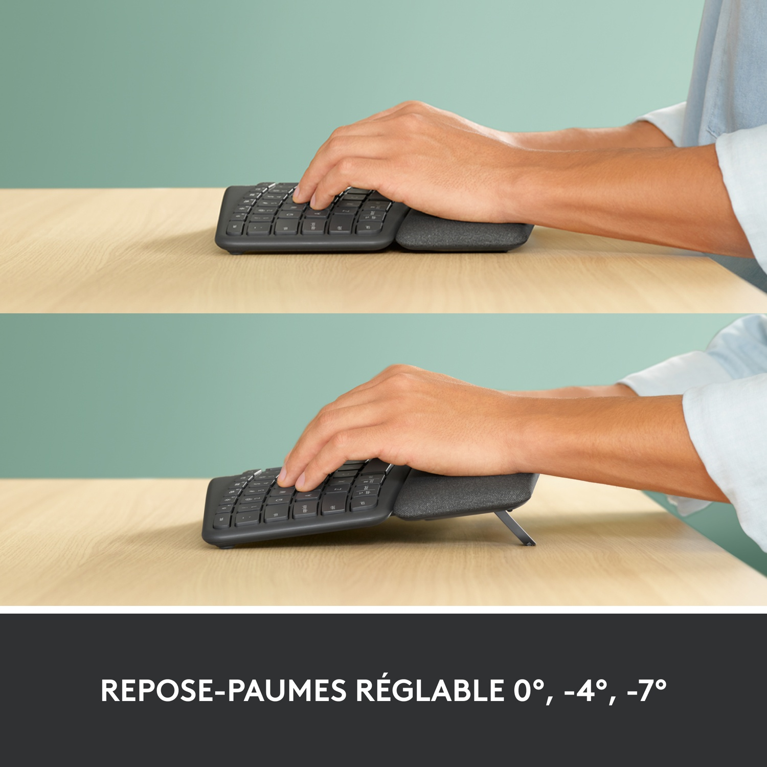 Mains tapant sur un clavier ergonomique divisé. Deux positions montrées, avec et sans support.