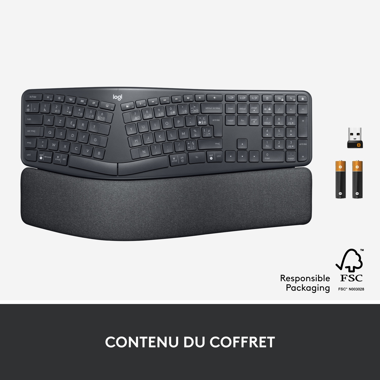 Un clavier ergonomique noir avec repose-poignets, piles et un récepteur USB.