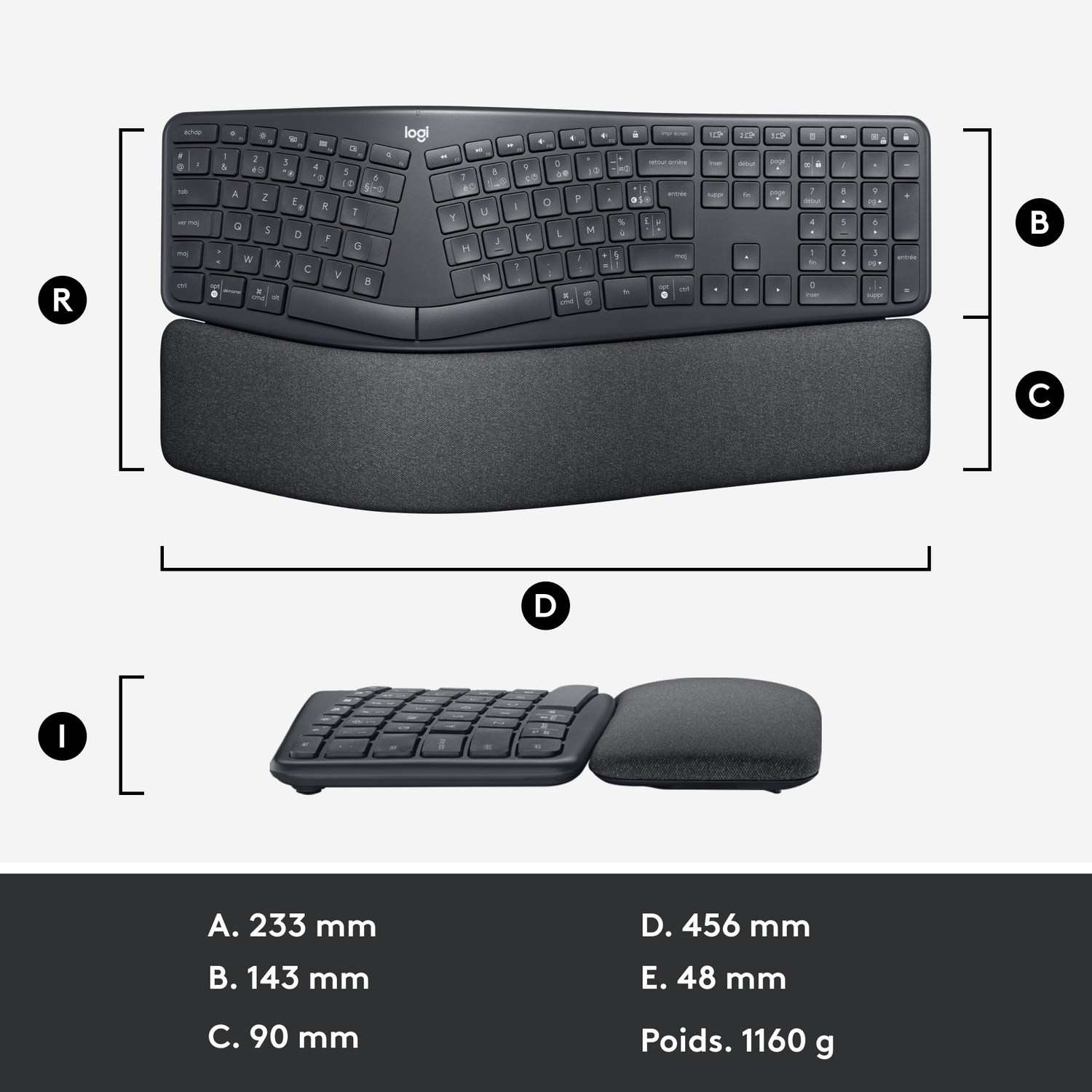 Clavier ergonomique noir avec repose-poignets. Dimensions et informations de poids sont affichées ci-dessous.
