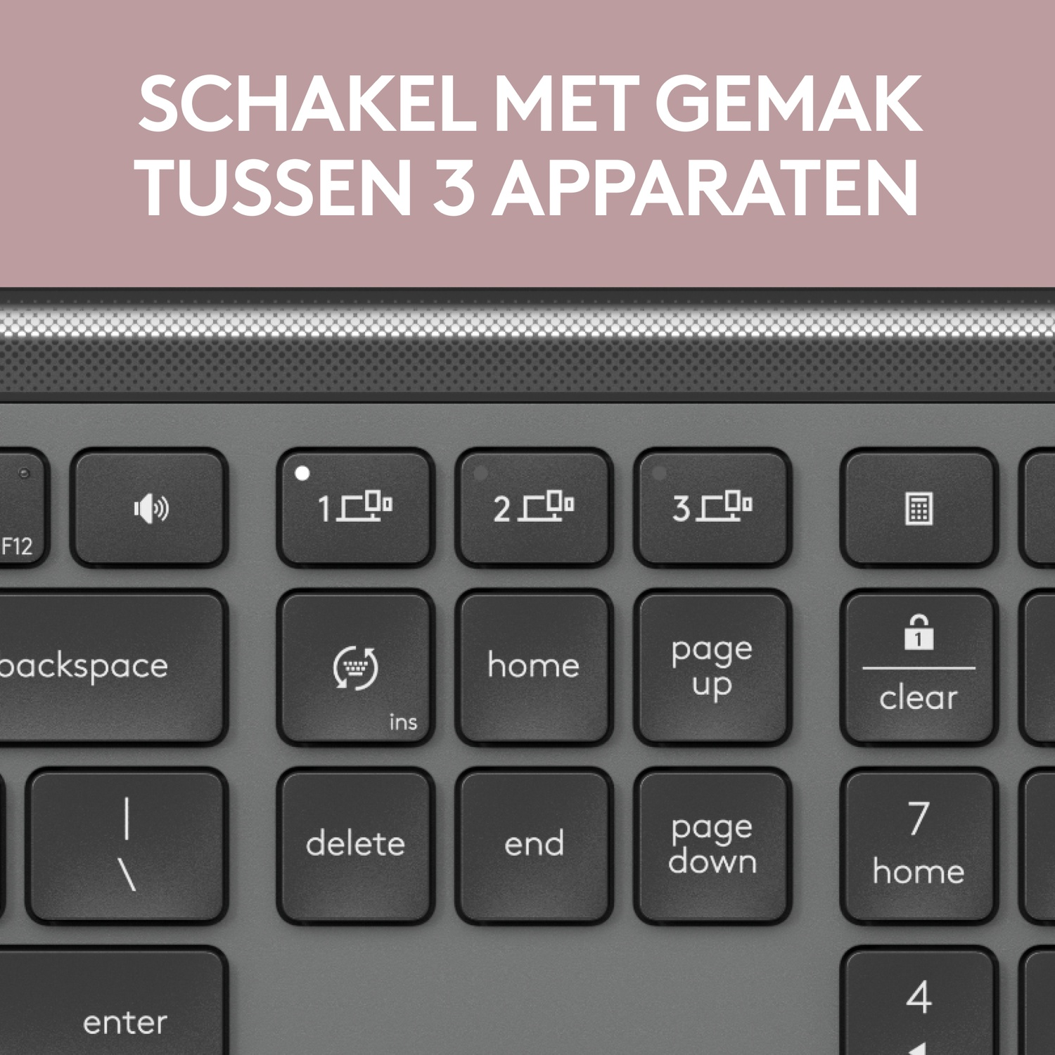 Keyboard with keys labeled 1, 2, 3 for switching devices.