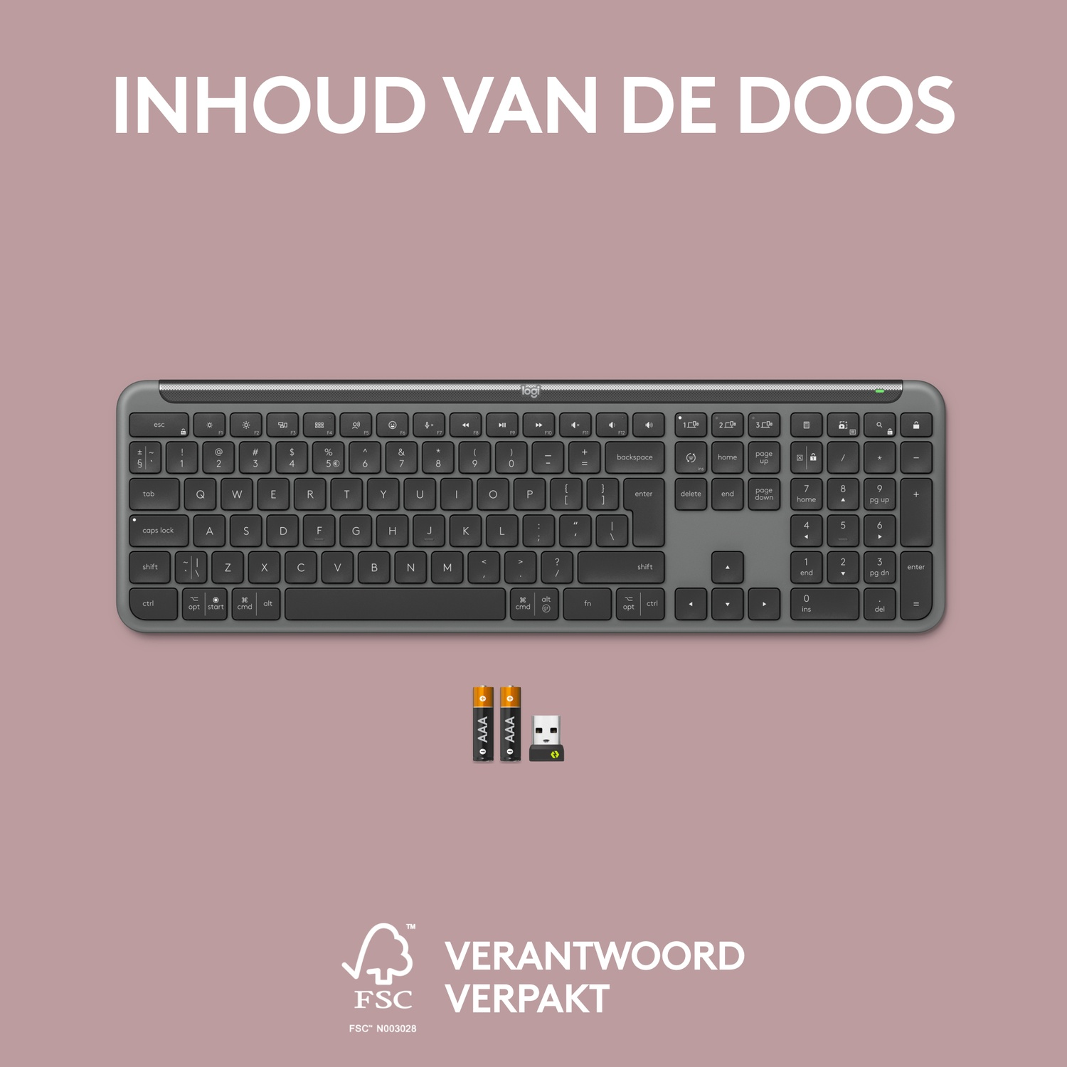 Keyboard with letters and numbers, a mouse, and two AAA batteries.