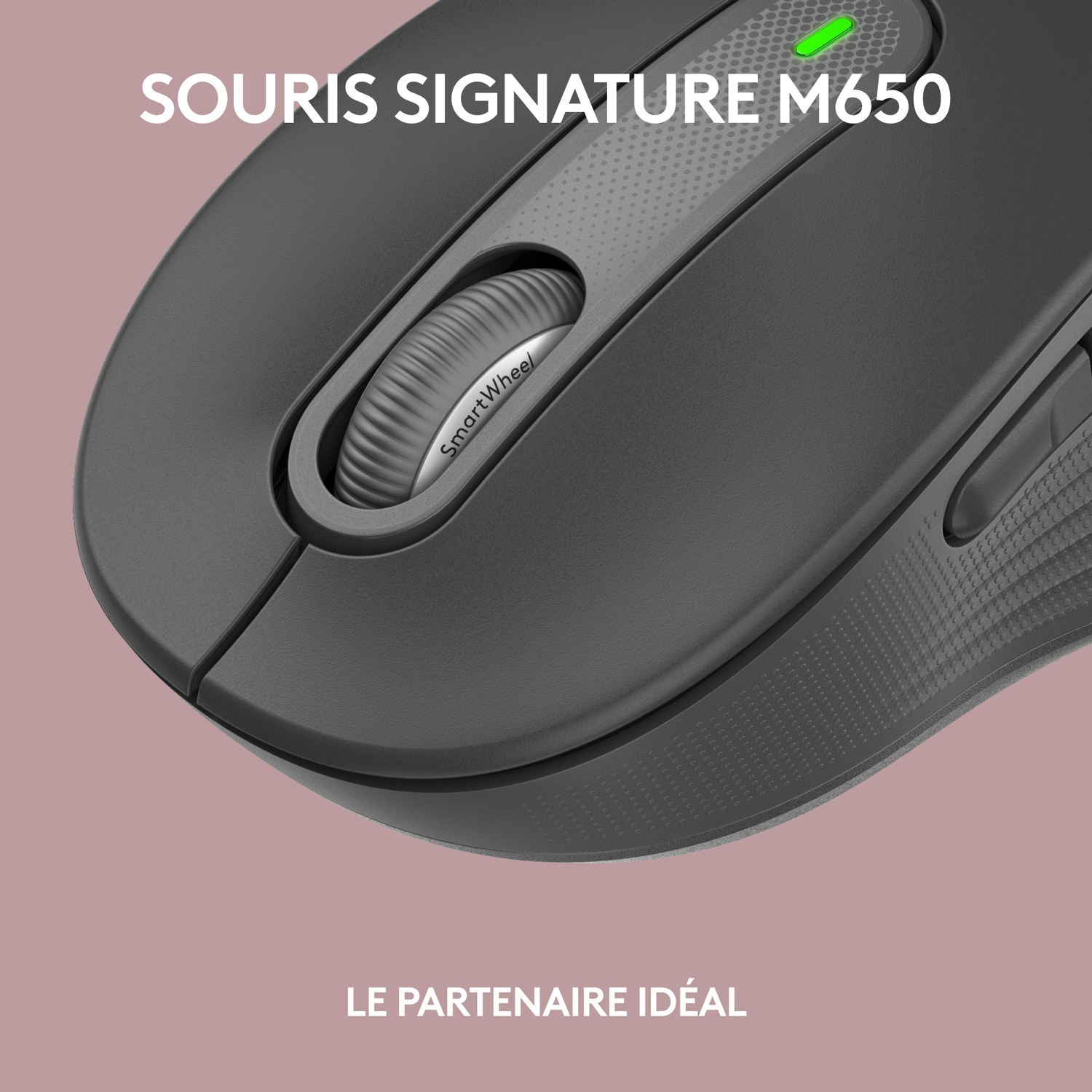 Gros plan d'une souris noire avec molette et le mot 'SmartWheel'.