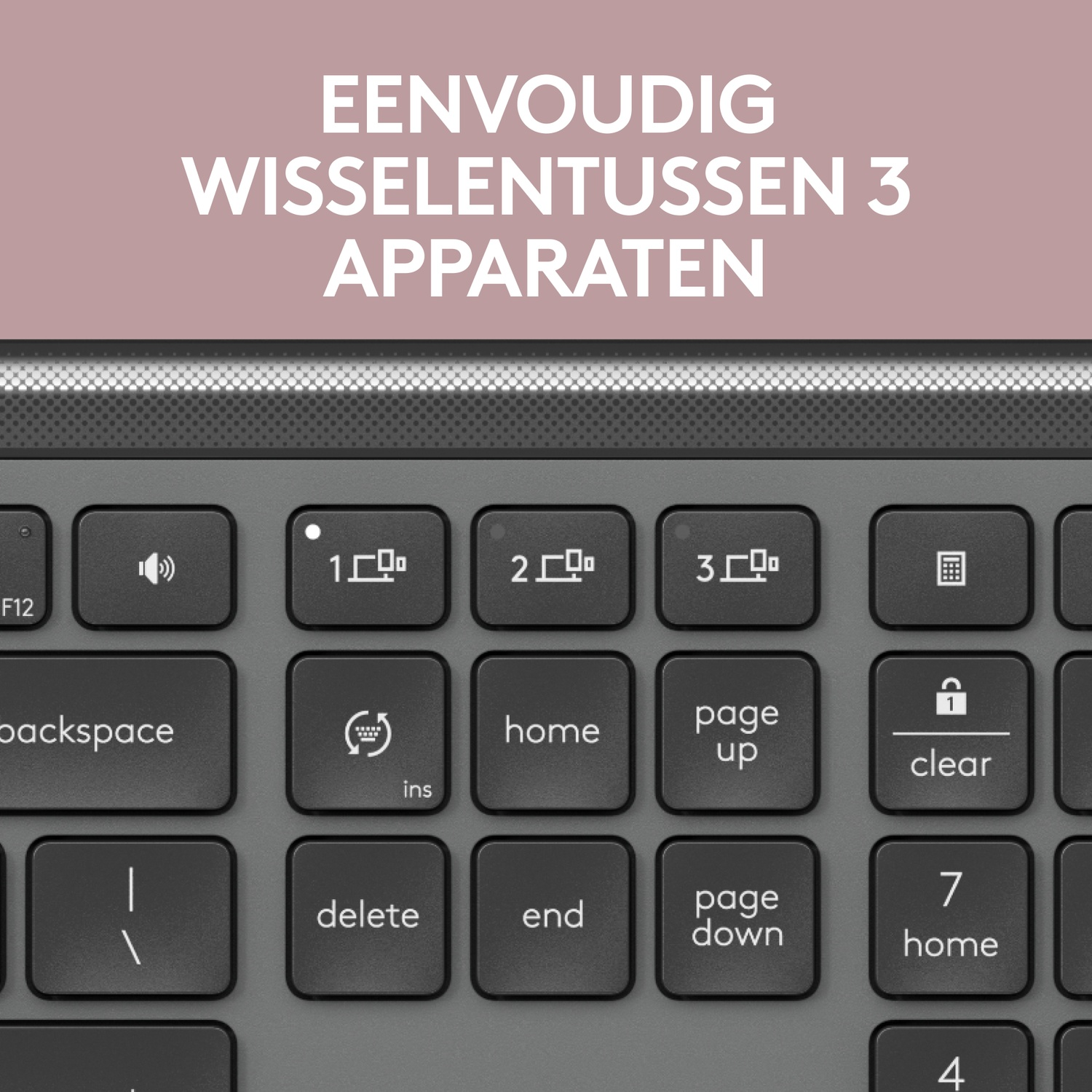 A close-up of a keyboard with three numbered keys and other function keys. Grey keys, pink background.