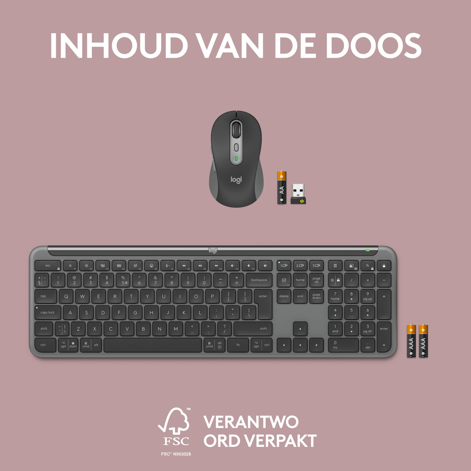 Keyboard, mouse, and batteries in a box. The keyboard and mouse are grey, and the batteries are AAA.