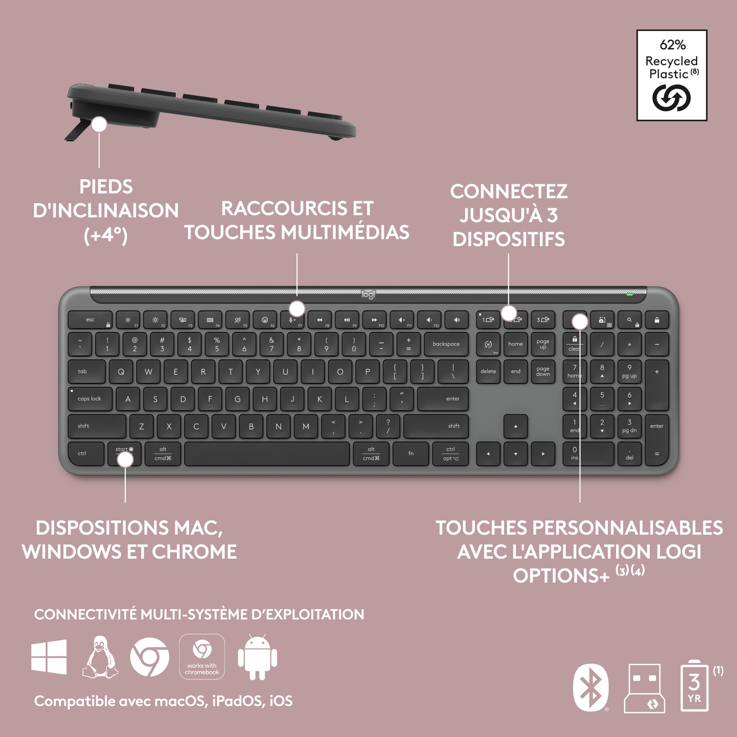 Clavier noir avec touches et cadre blanc. Il comporte des étiquettes de touches de fonction et un logo.