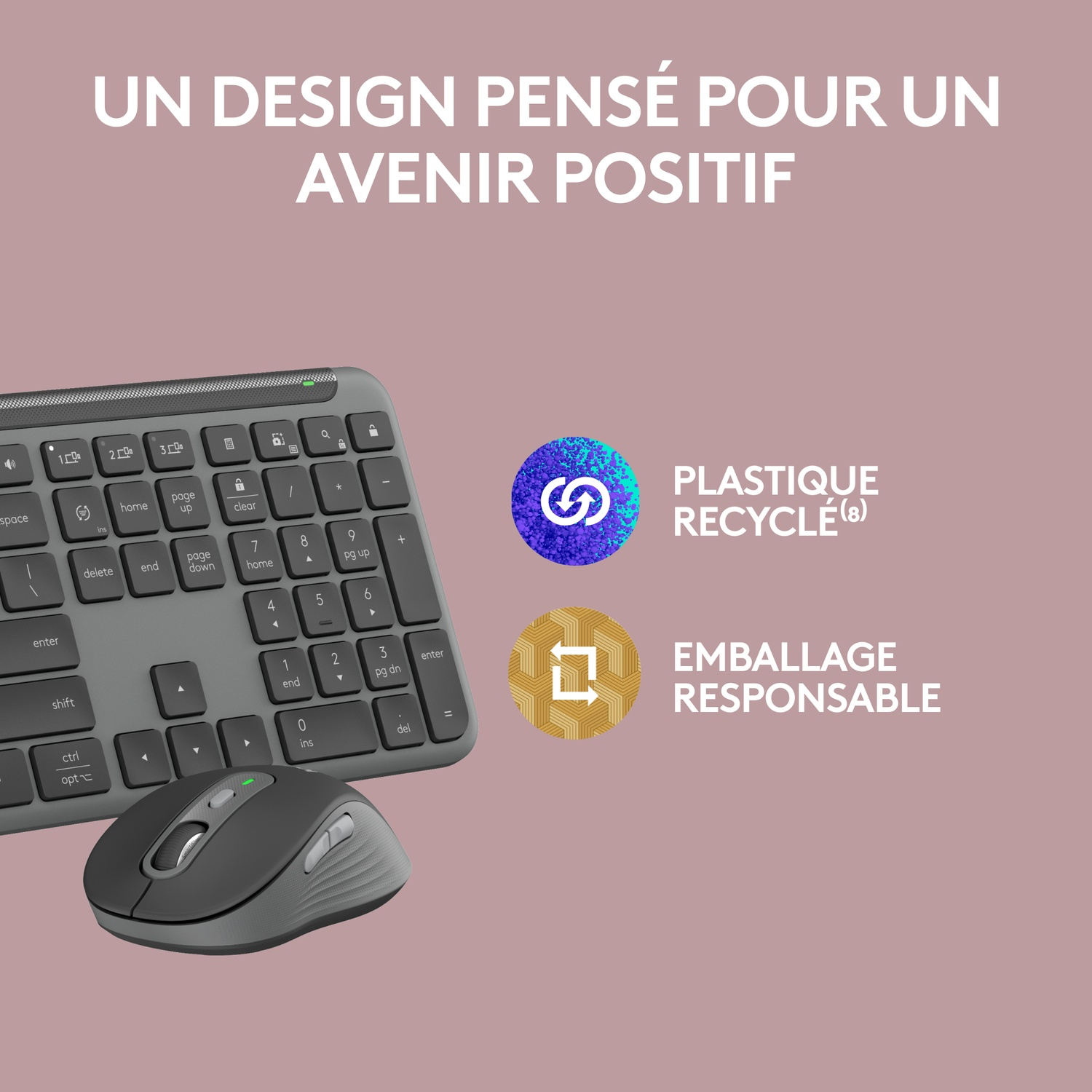Un clavier et une souris, avec des graphiques sur le plastique recyclé et l'emballage.