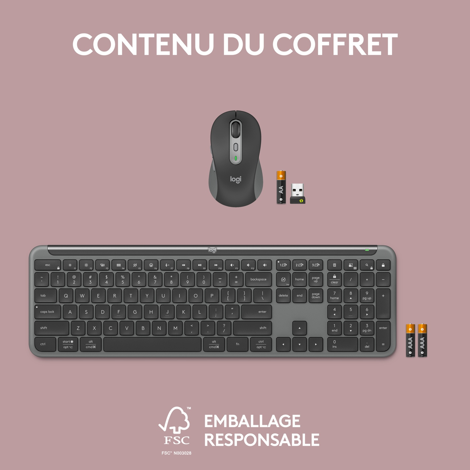 Clavier, souris, piles et récepteur USB sur surface blanche. Texte: CONTENU DU COFFRET.