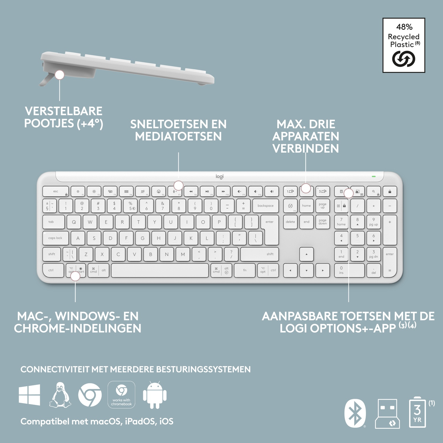 White keyboard with adjustable feet on a table.