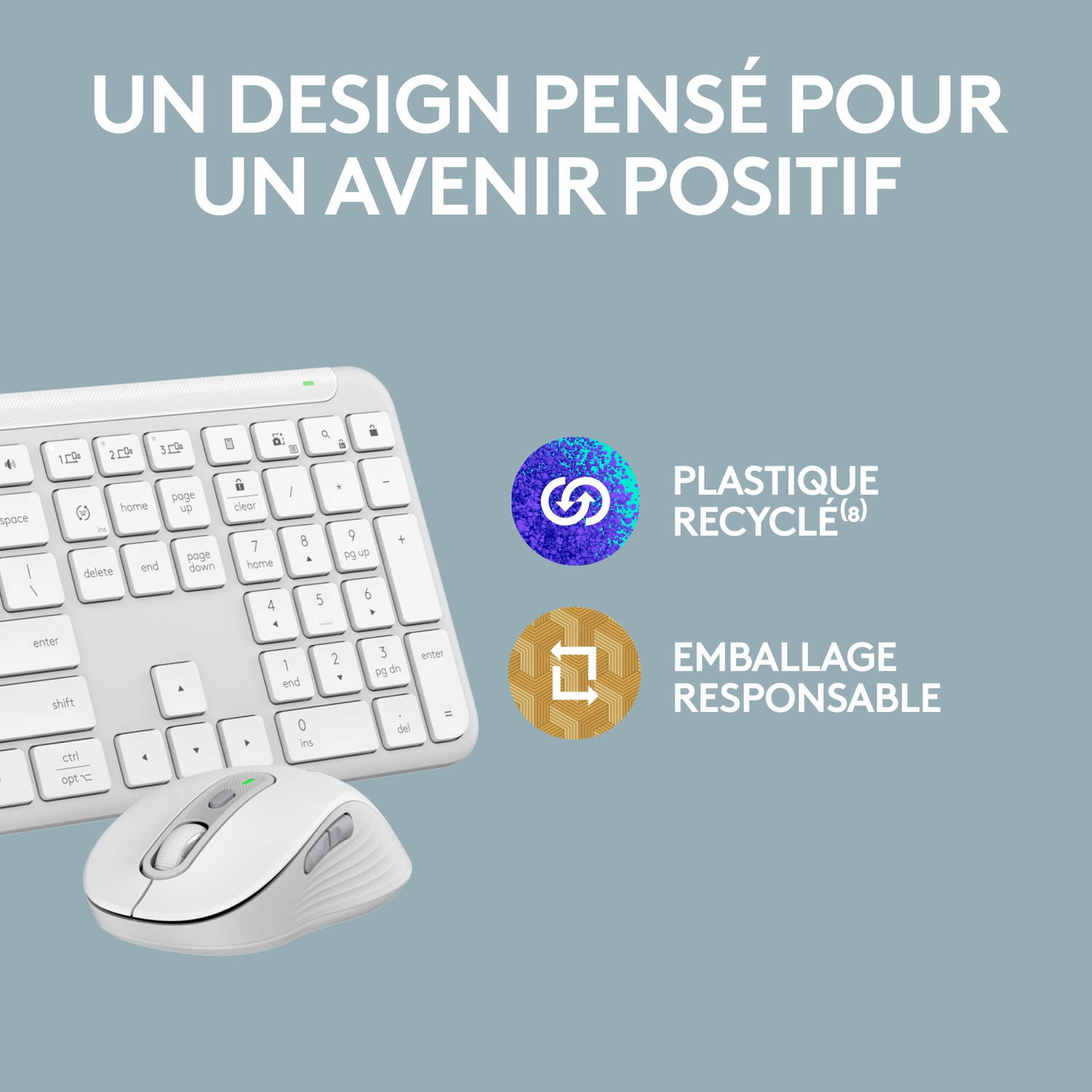 Souris et clavier blancs, avec texte sur un avenir positif.