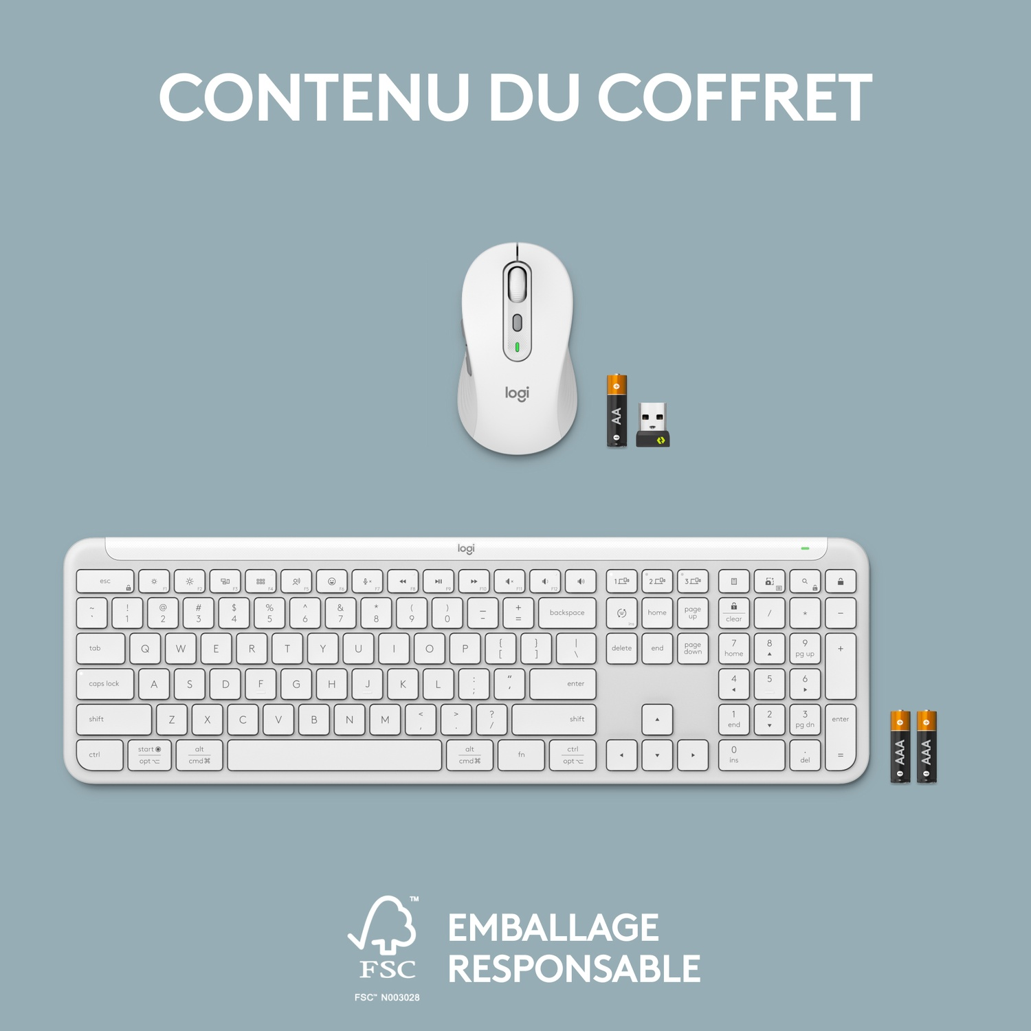 Clavier blanc, souris, piles AAA et récepteur USB sur une table.