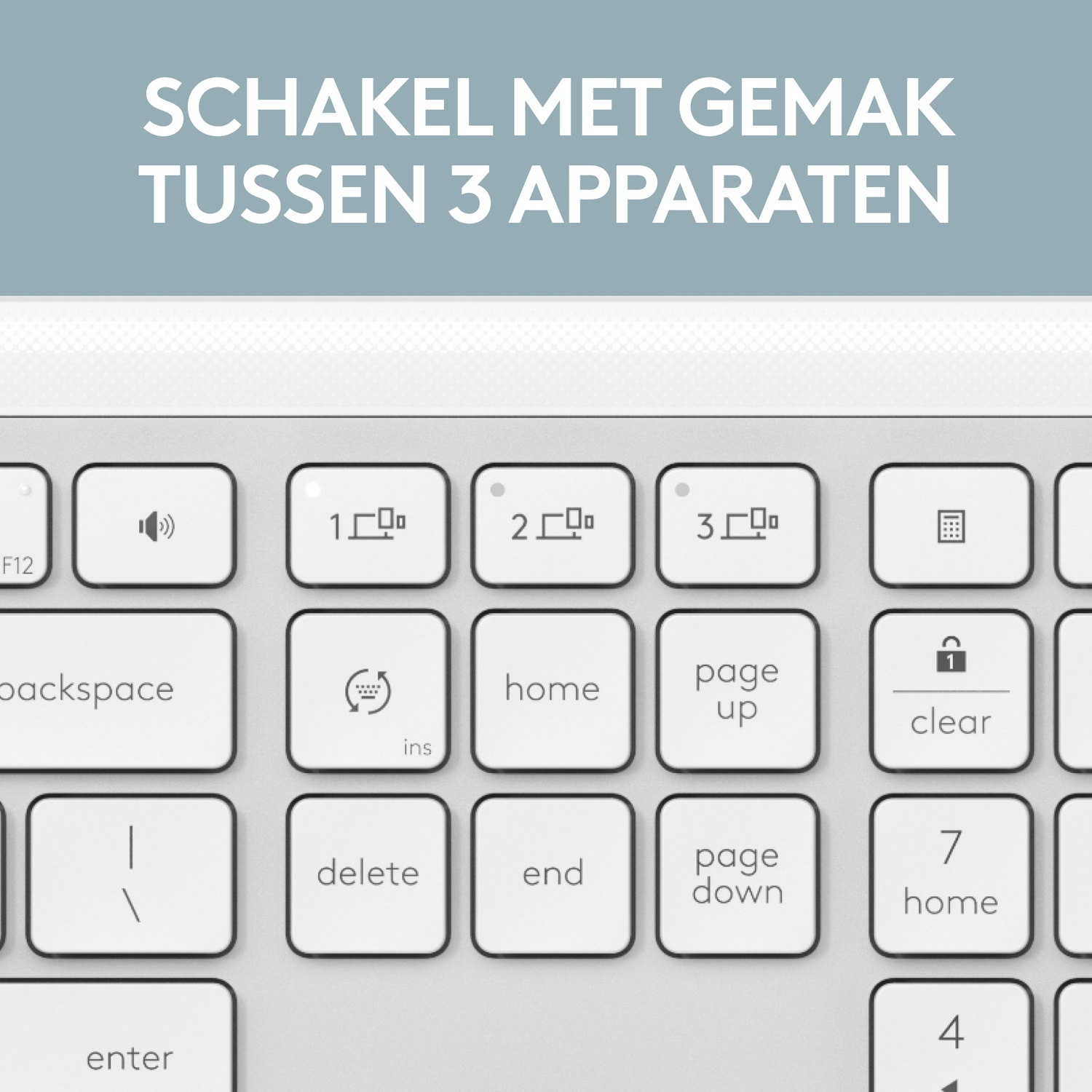Close-up of a white keyboard with keys labeled 1, 2, 3, and other function keys. Text reads 'SCHAKEL MET GEMAK'.