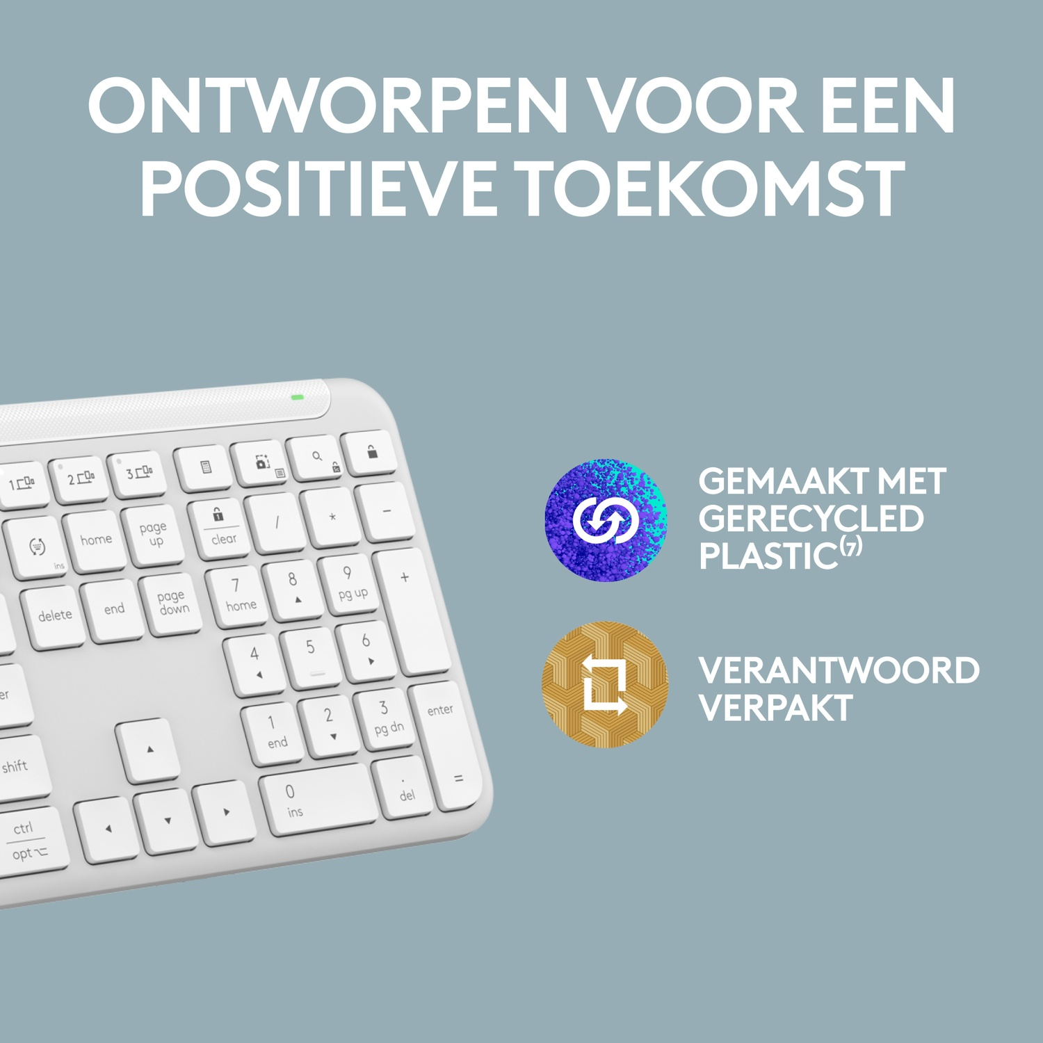 White keyboard with recycle and responsible packaging icons, with white background.