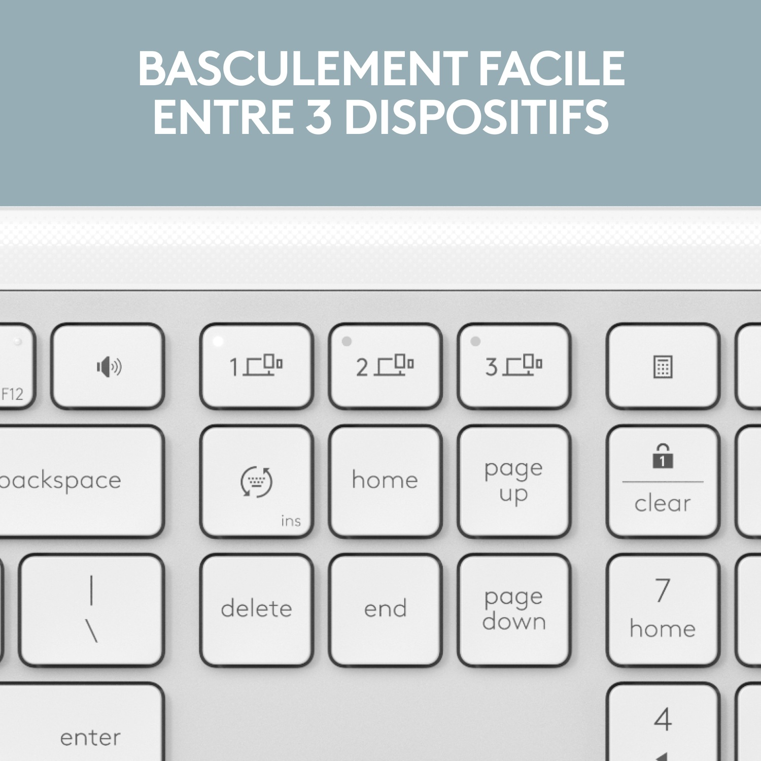 Gros plan sur un clavier blanc avec des touches de fonction et des touches numériques.