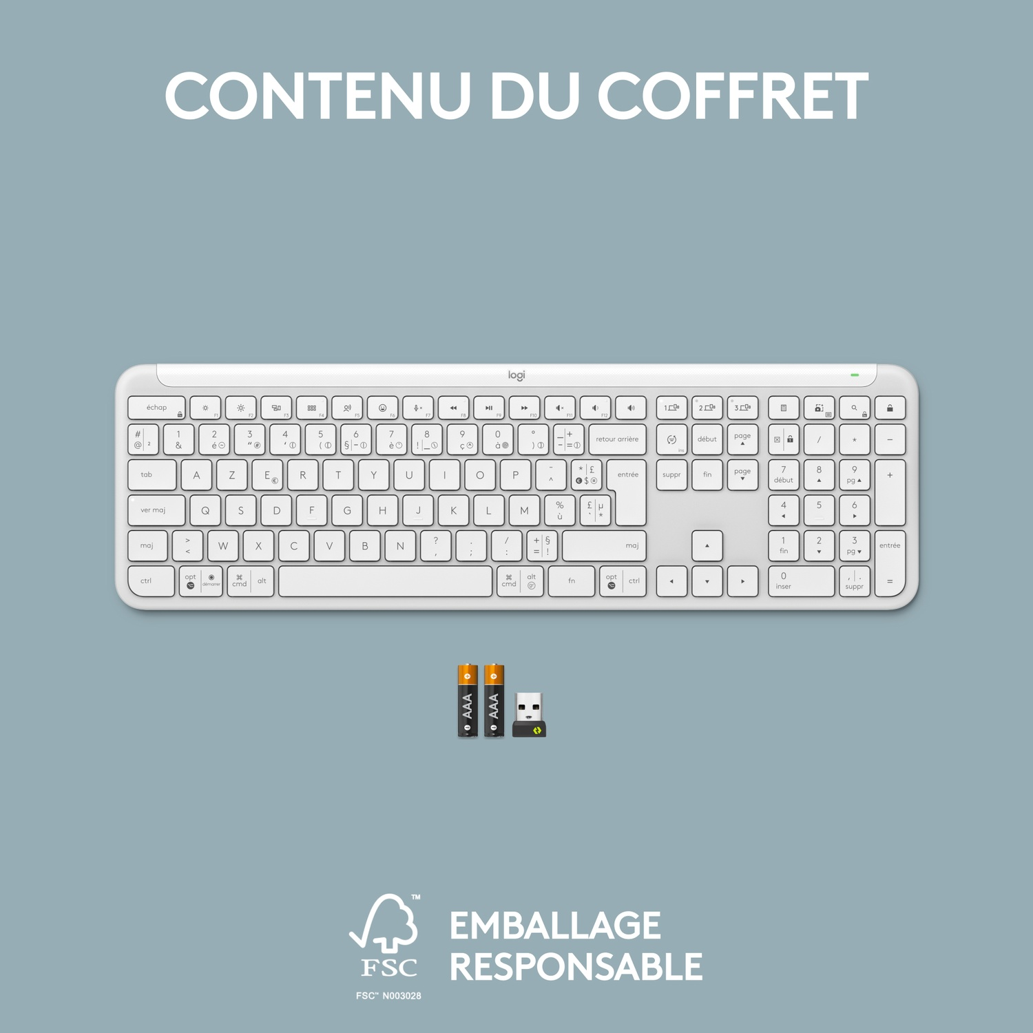 Clavier blanc et deux piles AAA, ainsi qu'un petit récepteur USB.