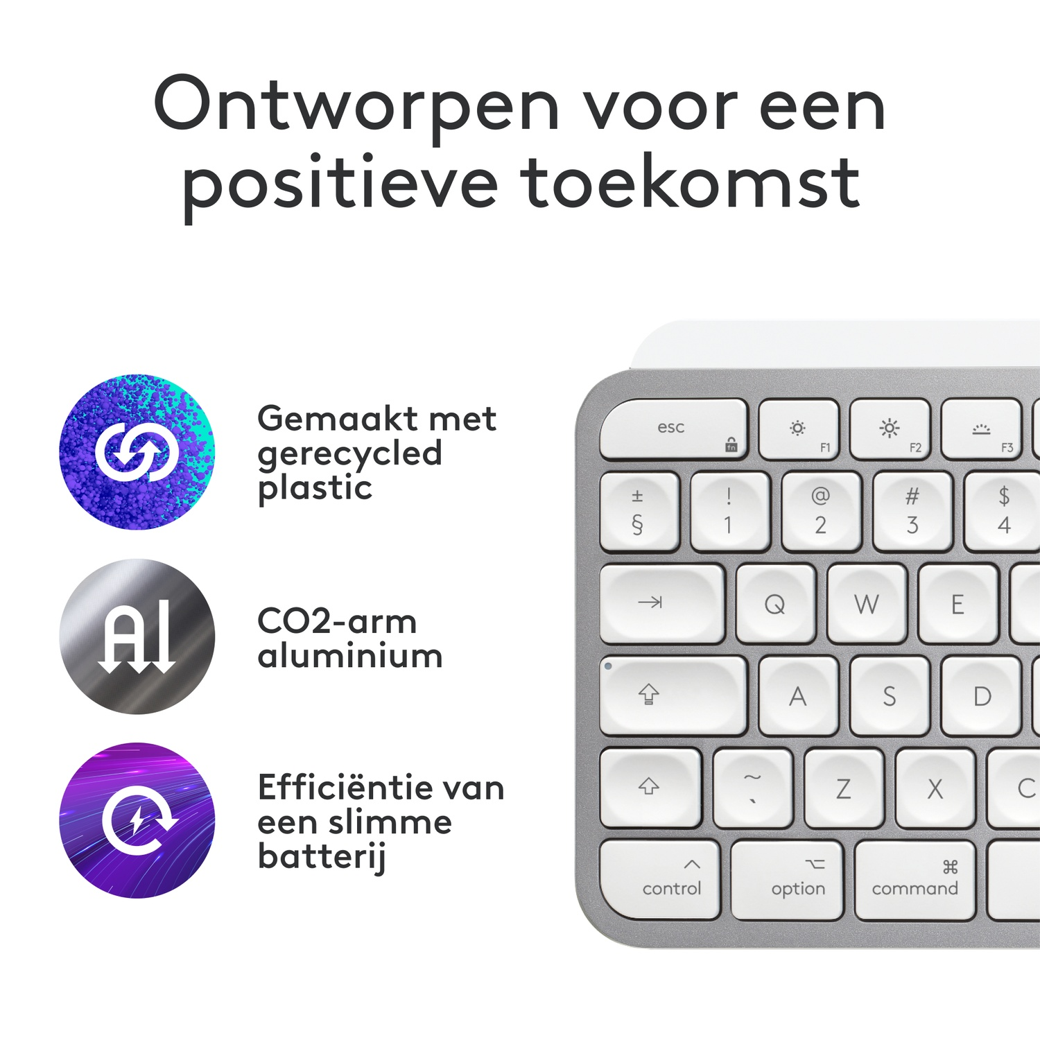 A keyboard with recycled plastic, CO2-arm aluminum, and a smart battery.