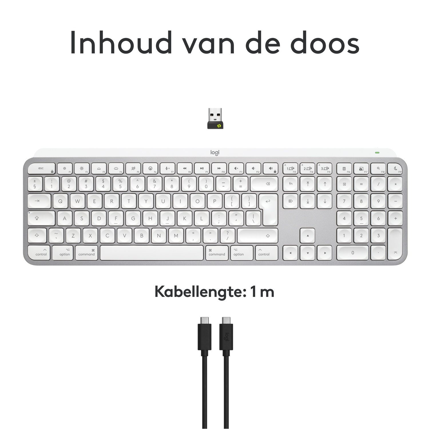 White keyboard, USB dongle, and black charging cables.