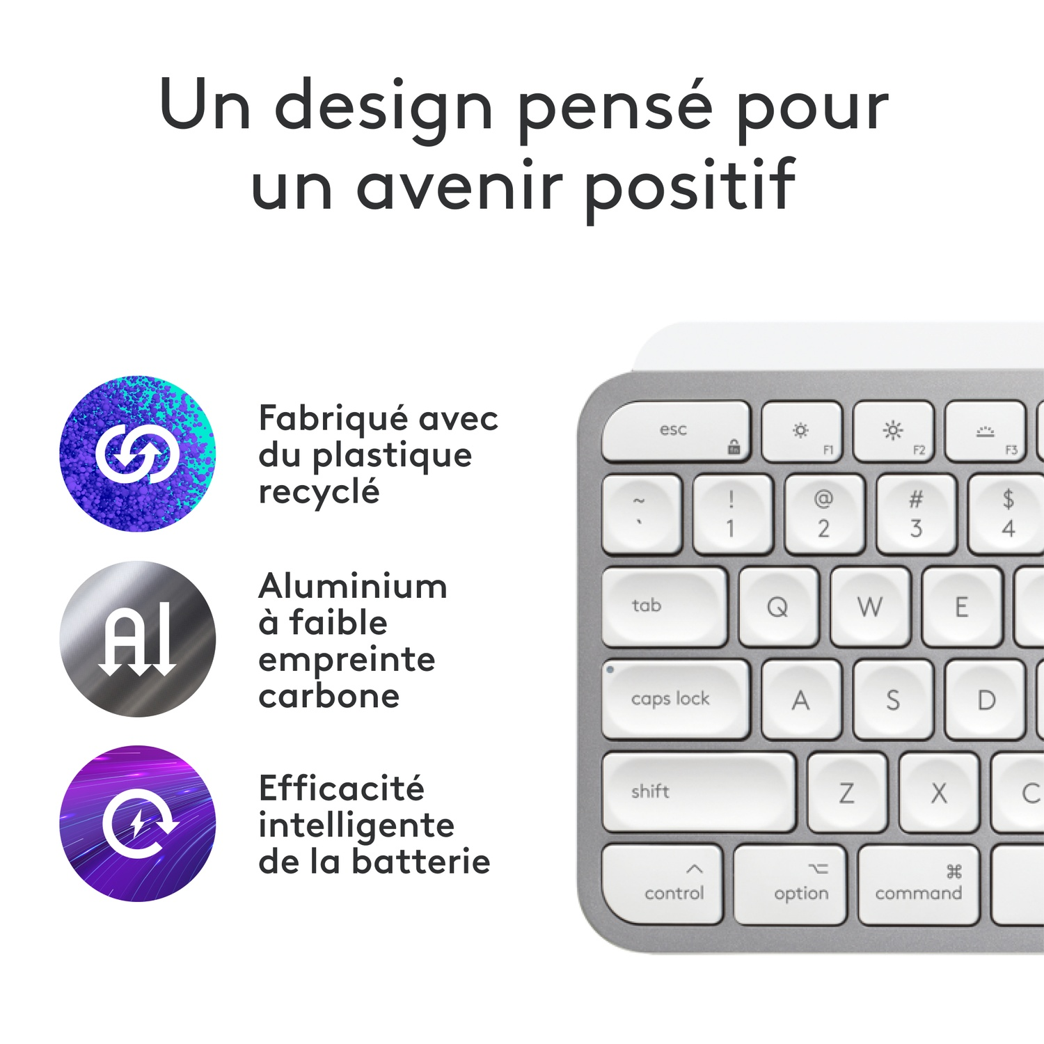 Clavier blanc avec texte indiquant plastique recyclé, aluminium à faible empreinte carbone.