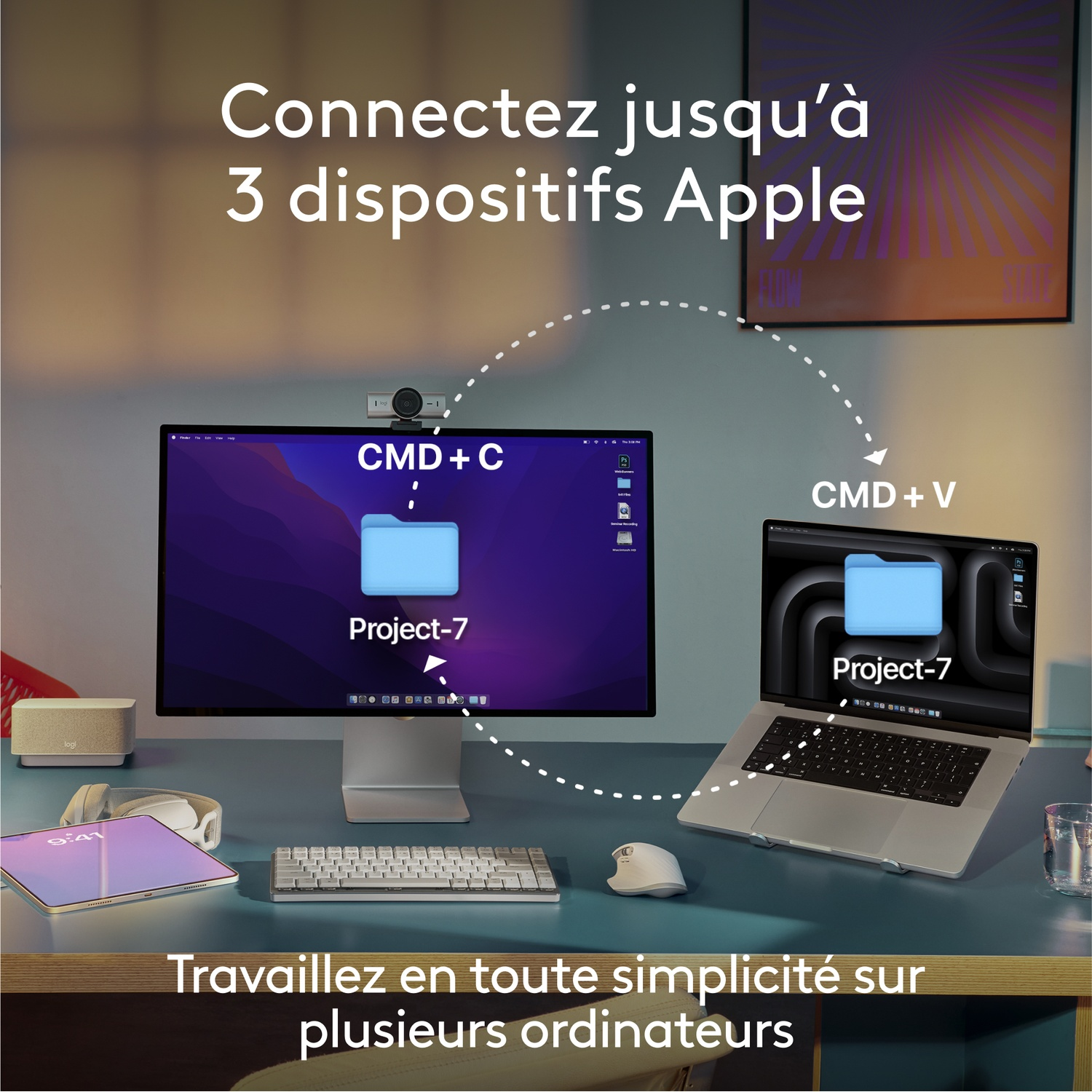 Plusieurs appareils Apple connectés. Textes : Connectez jusqu'à 3 appareils Apple et travaillez simplement.