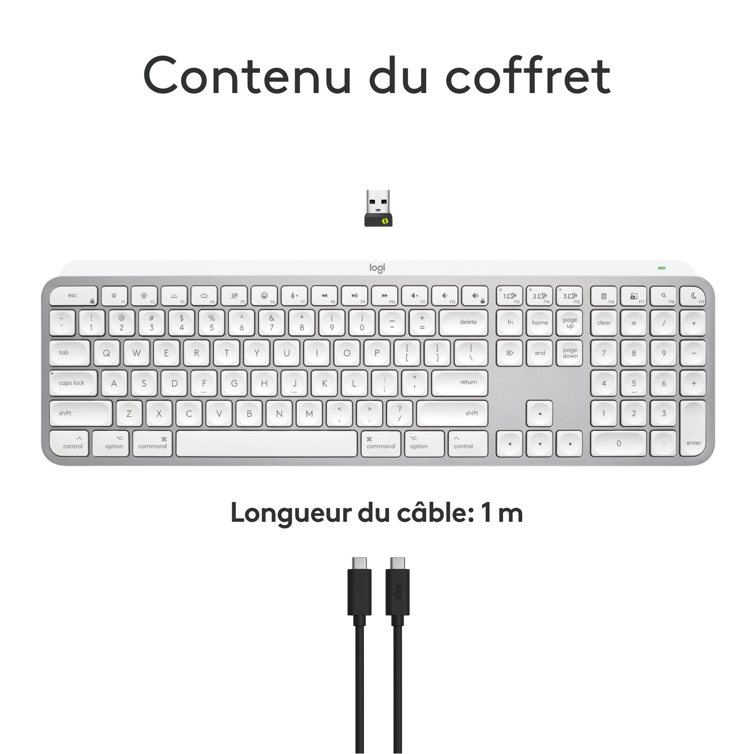 Clavier blanc avec un récepteur USB et un câble de chargement. Le câble est noir.