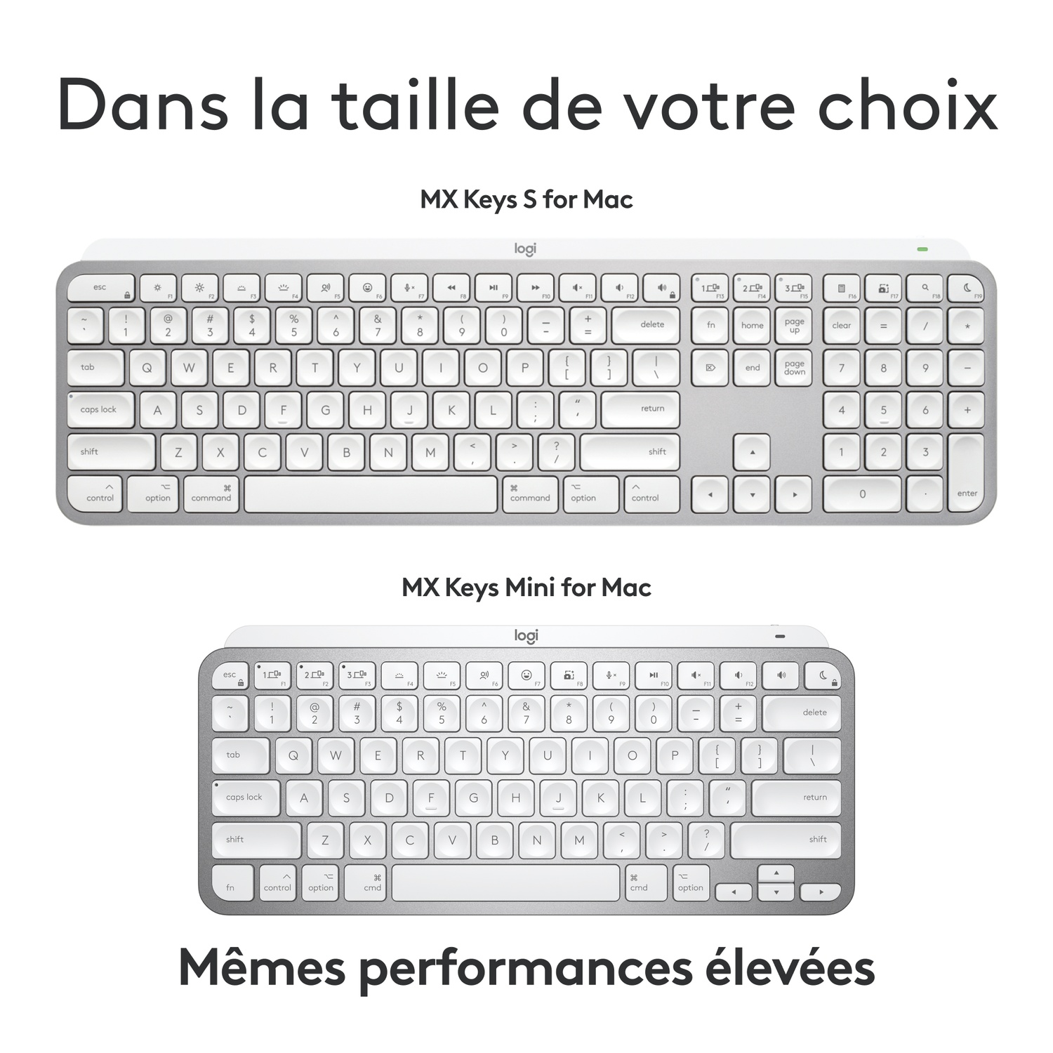 Deux claviers, un de taille normale et un mini. Les deux sont argentés et blancs, avec des dispositions de touches similaires.