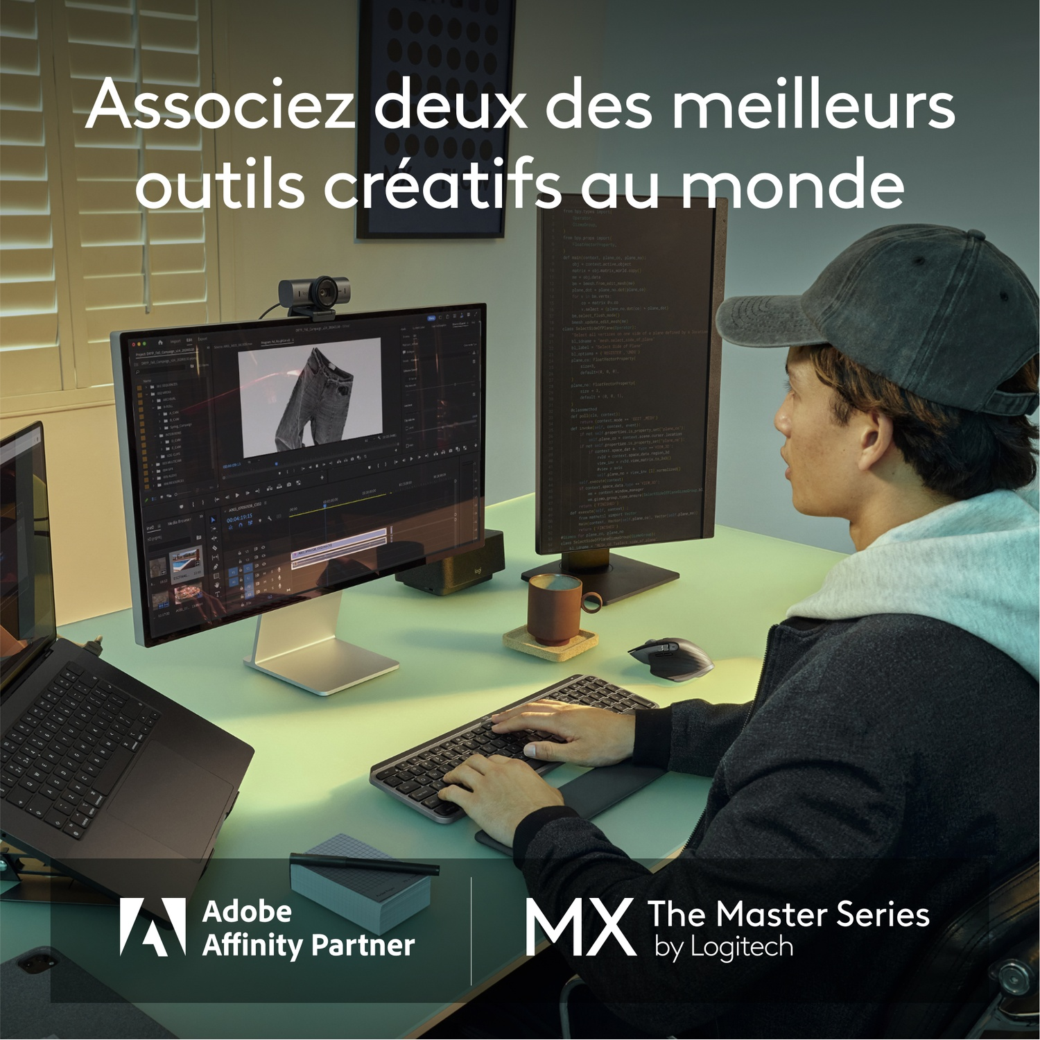 Une personne utilisant une configuration informatique avec deux moniteurs et un ordinateur portable, avec du texte sur les outils créatifs.