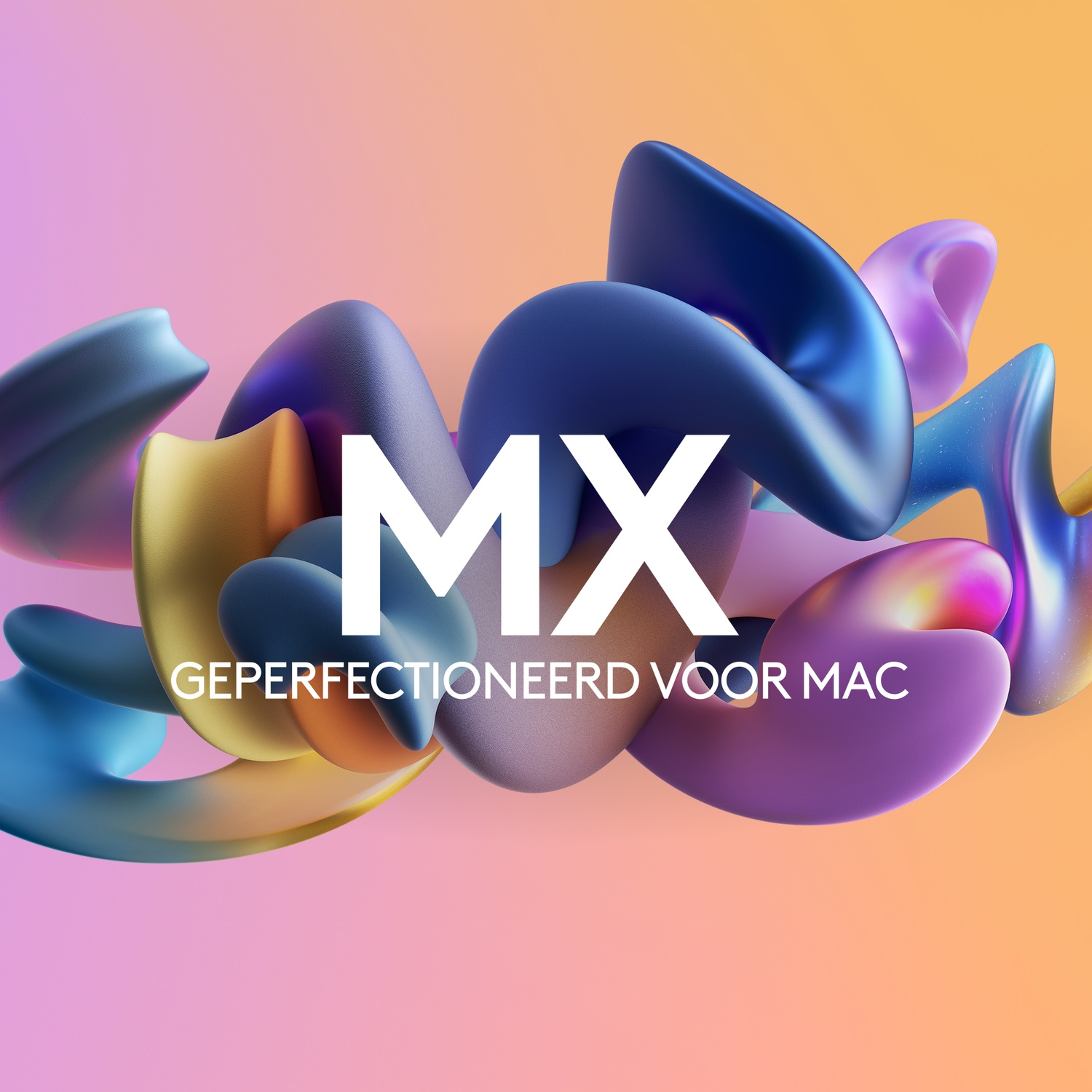 Abstract shapes in various colors with the letters MX and the words 'GEPERFECTIONEERD VOOR MAC'.